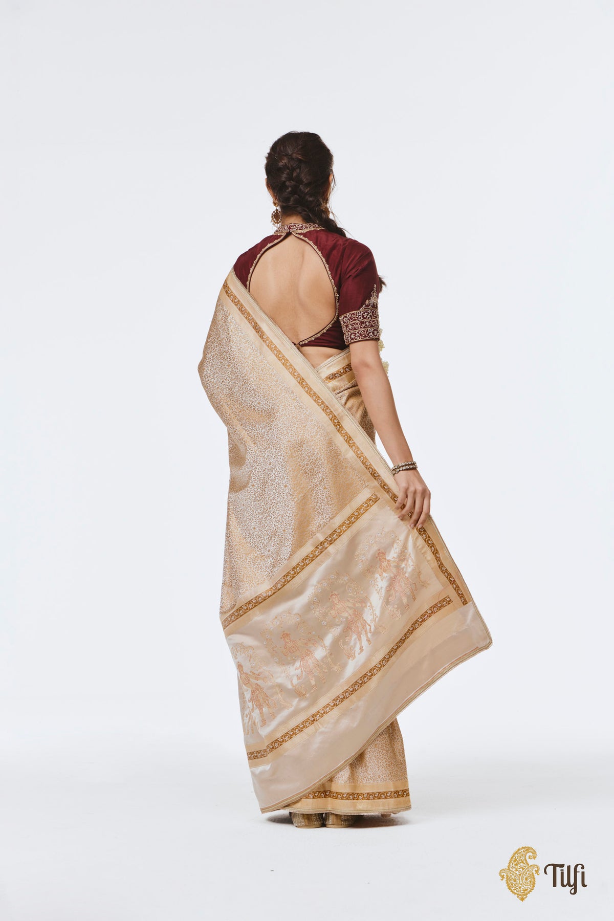 Pre-Order: 'Madanika' Off White-Beige Pure Satin Silk Banarasi Handloom Saree