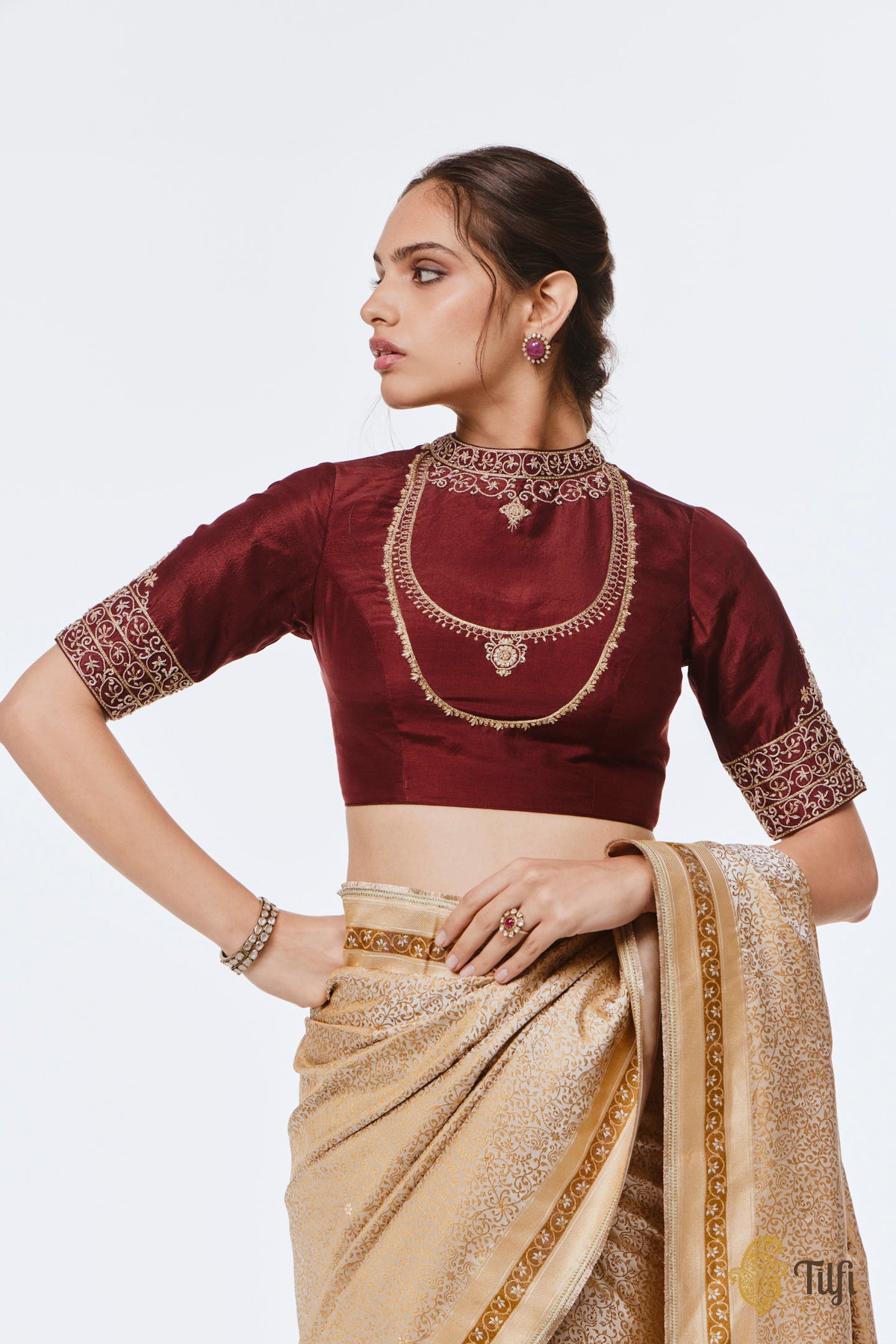 Brown Pure Raw Silk Hand-Embroidered Blouse