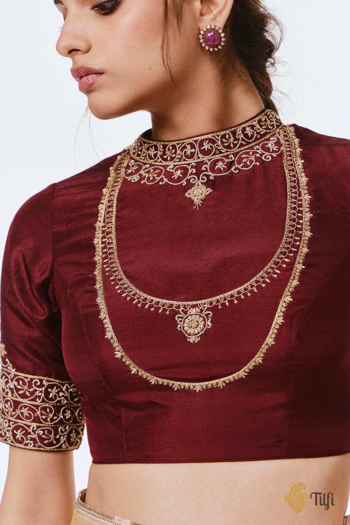 Brown Pure Raw Silk Hand-Embroidered Blouse