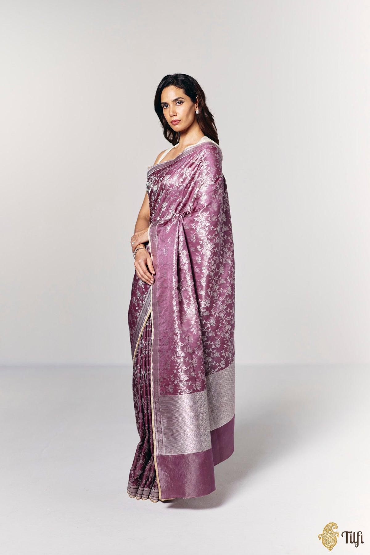 'Songs of the Forest' Deep Mauve Pure Soft Satin Tissue Tanchoi Saree
