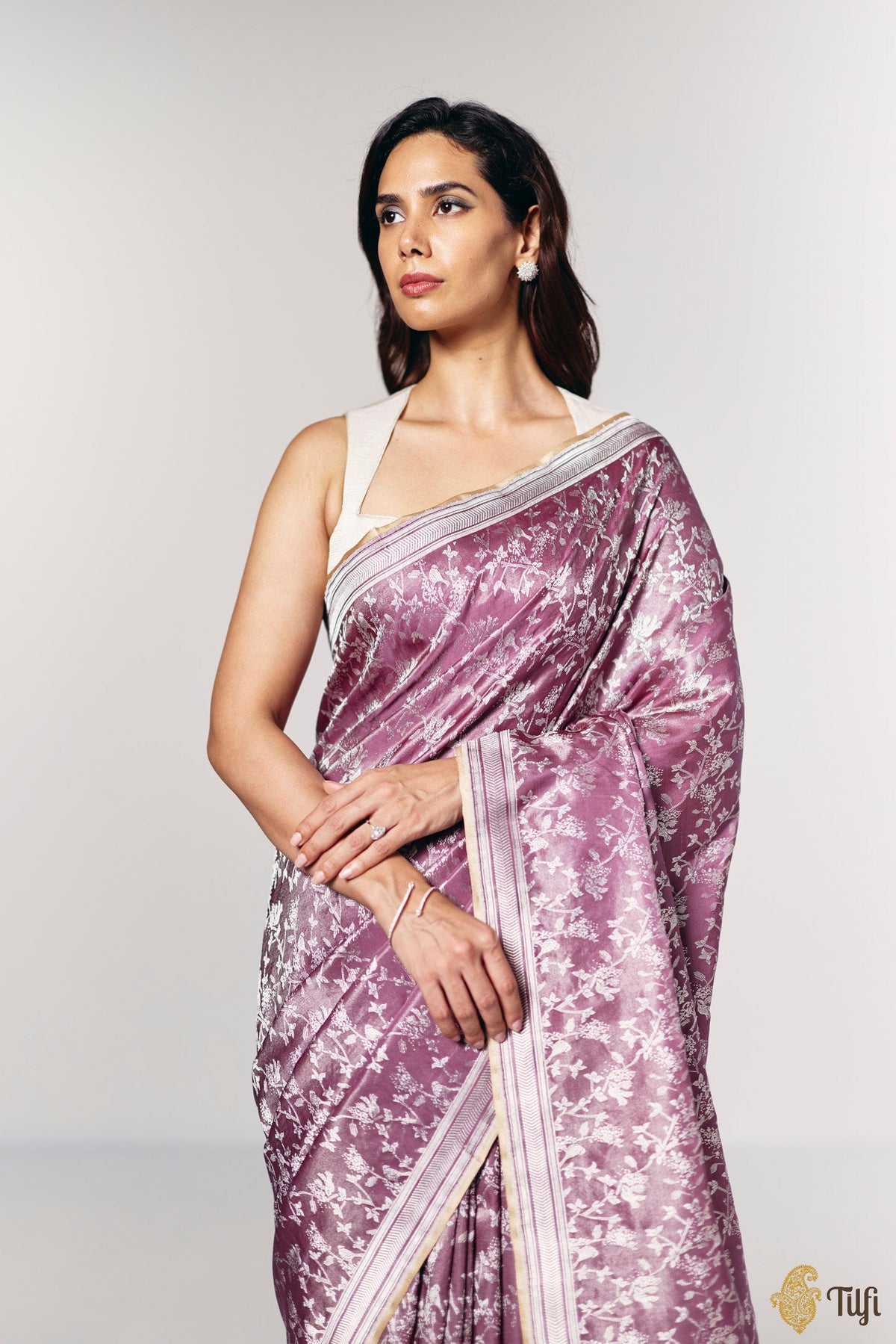'Songs of the Forest' Deep Mauve Pure Soft Satin Tissue Tanchoi Saree