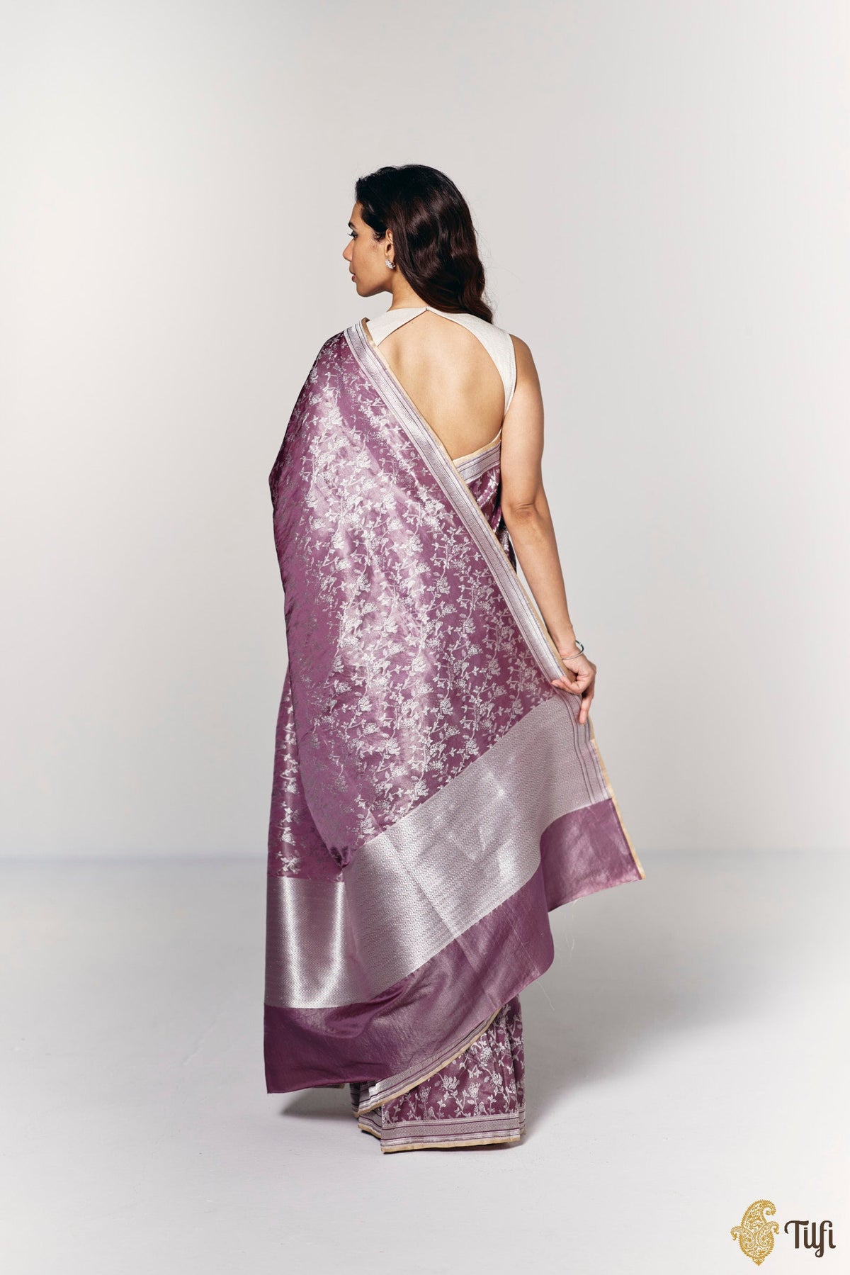 'Songs of the Forest' Deep Mauve Pure Soft Satin Tissue Tanchoi Saree
