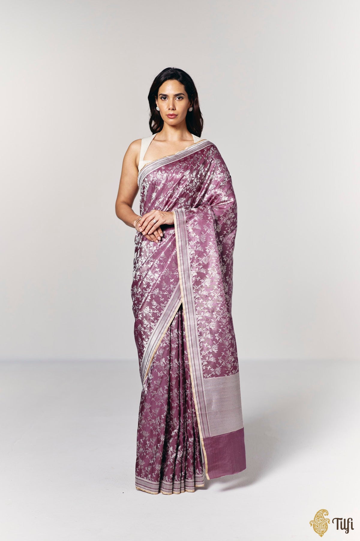 'Songs of the Forest' Deep Mauve Pure Soft Satin Tissue Tanchoi Saree