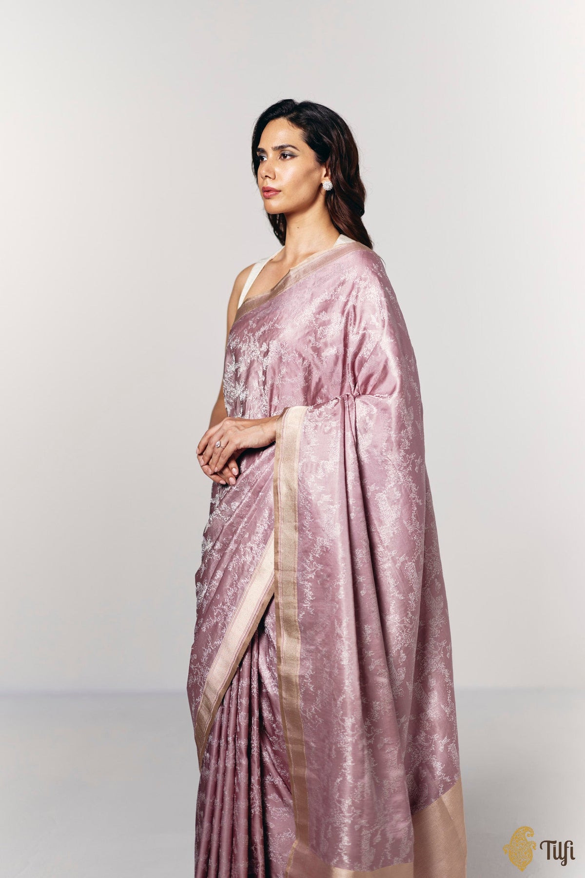 Pre-Order: 'Whispers of the Wild' Light Mauve Pure Soft Satin Tissue Tanchoi Saree
