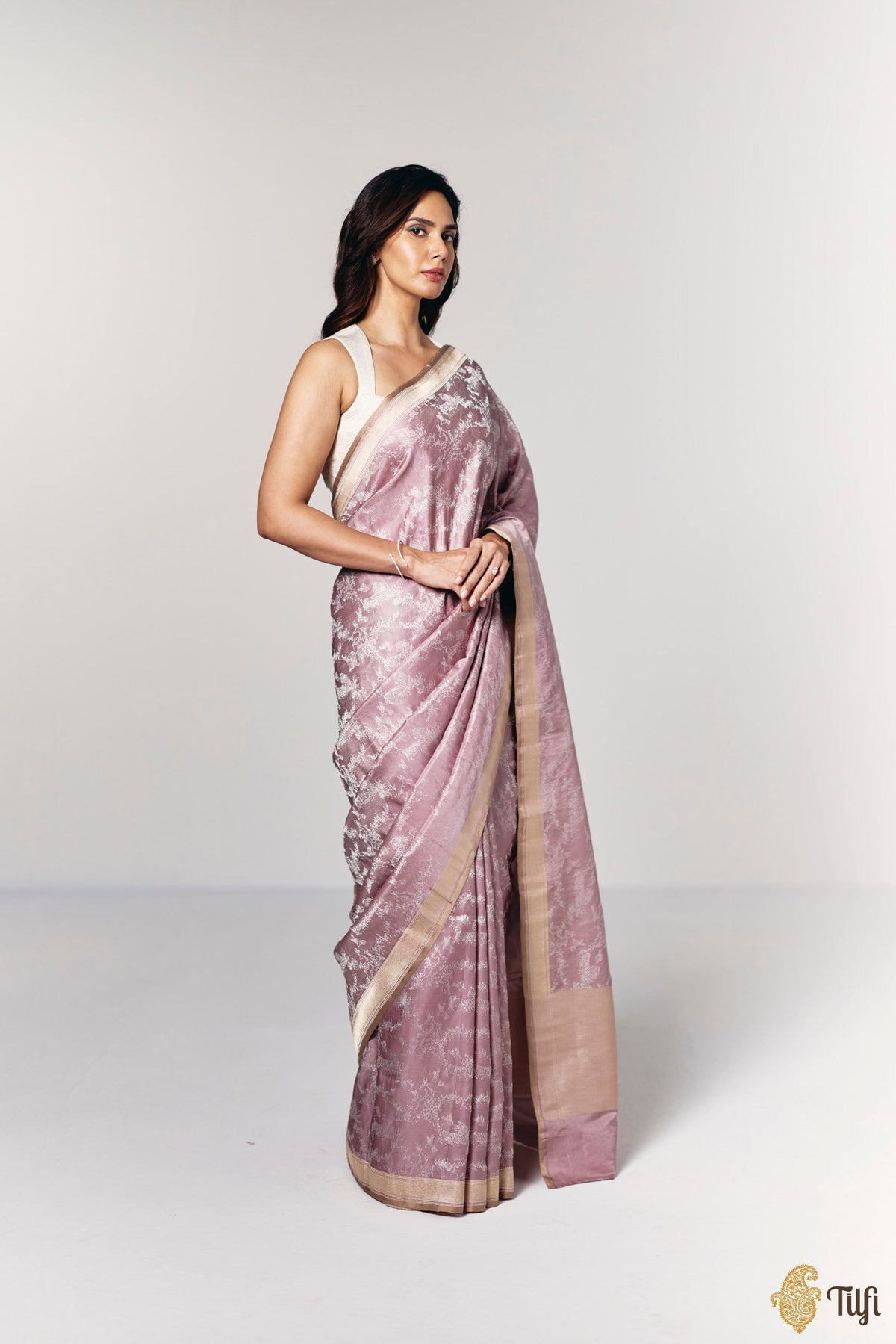 Pre-Order: 'Whispers of the Wild' Light Mauve Pure Soft Satin Tissue Tanchoi Saree