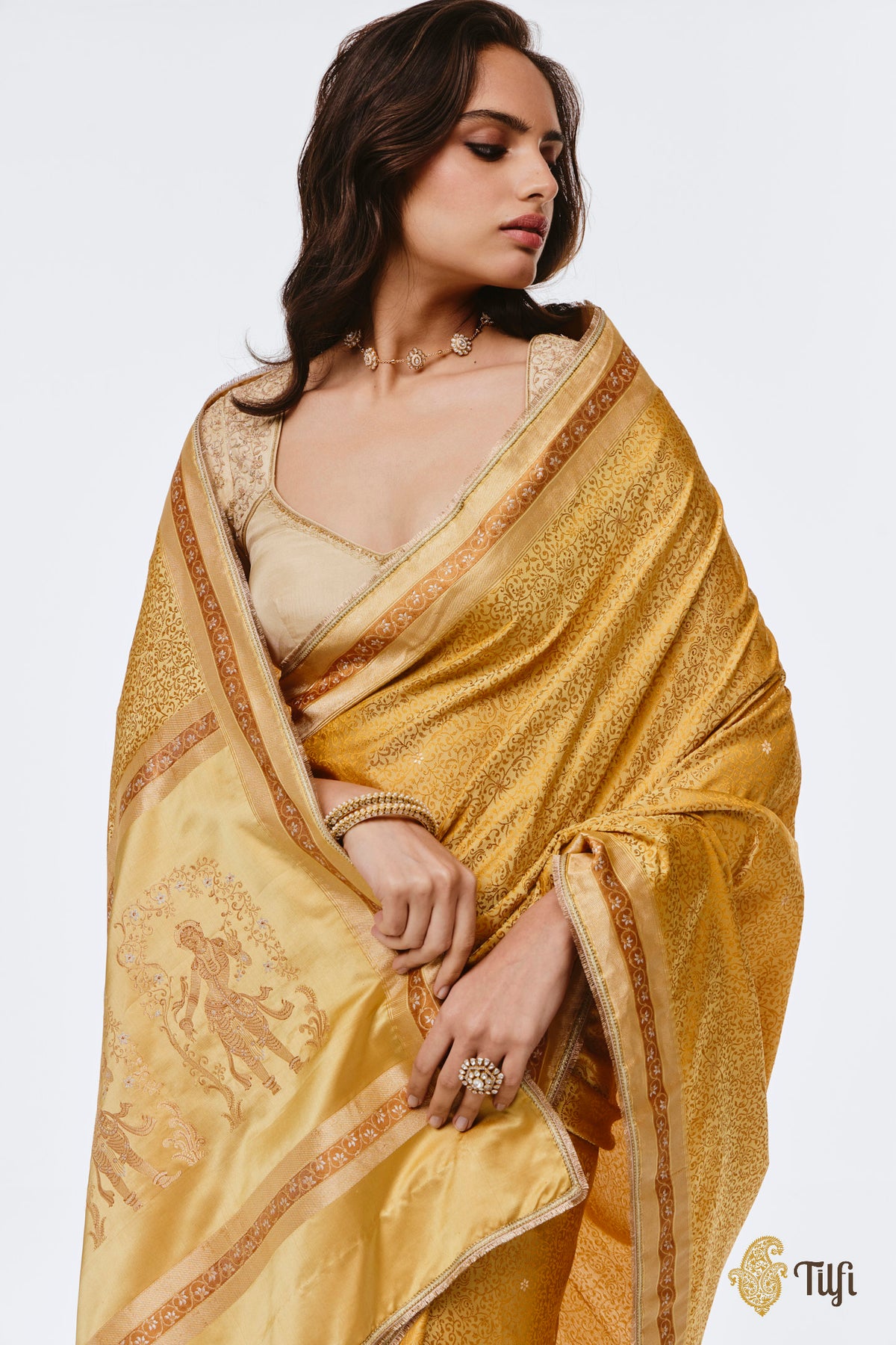 Pre-Order: 'Madanika' Yellow Pure Satin Silk Banarasi Handloom Saree