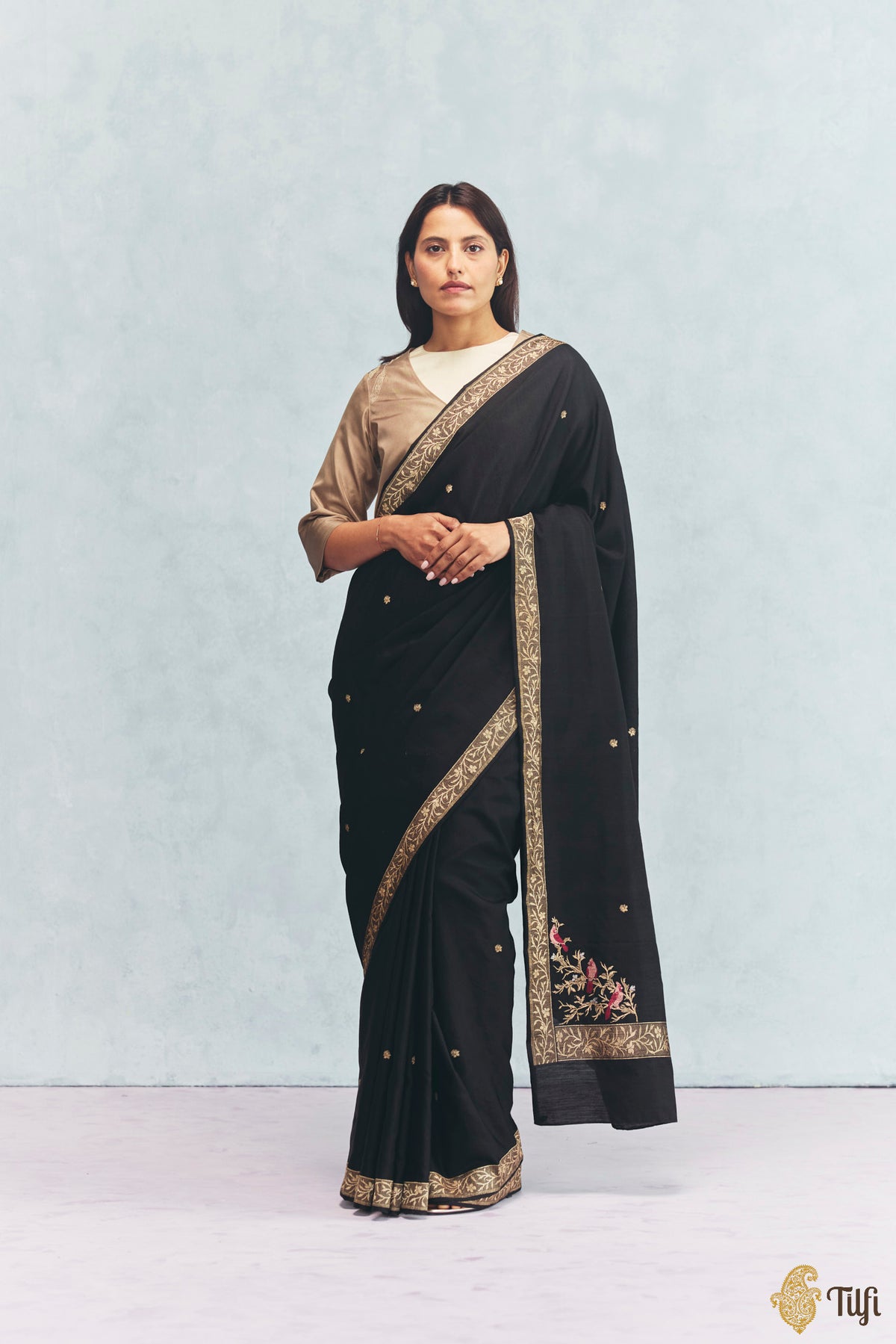 'Willow' Black Silk-Pashmina Wool Banarasi Handloom Saree