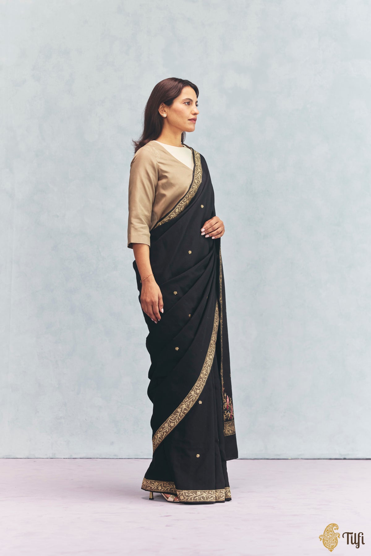 'Willow' Black Silk-Pashmina Wool Banarasi Handloom Saree