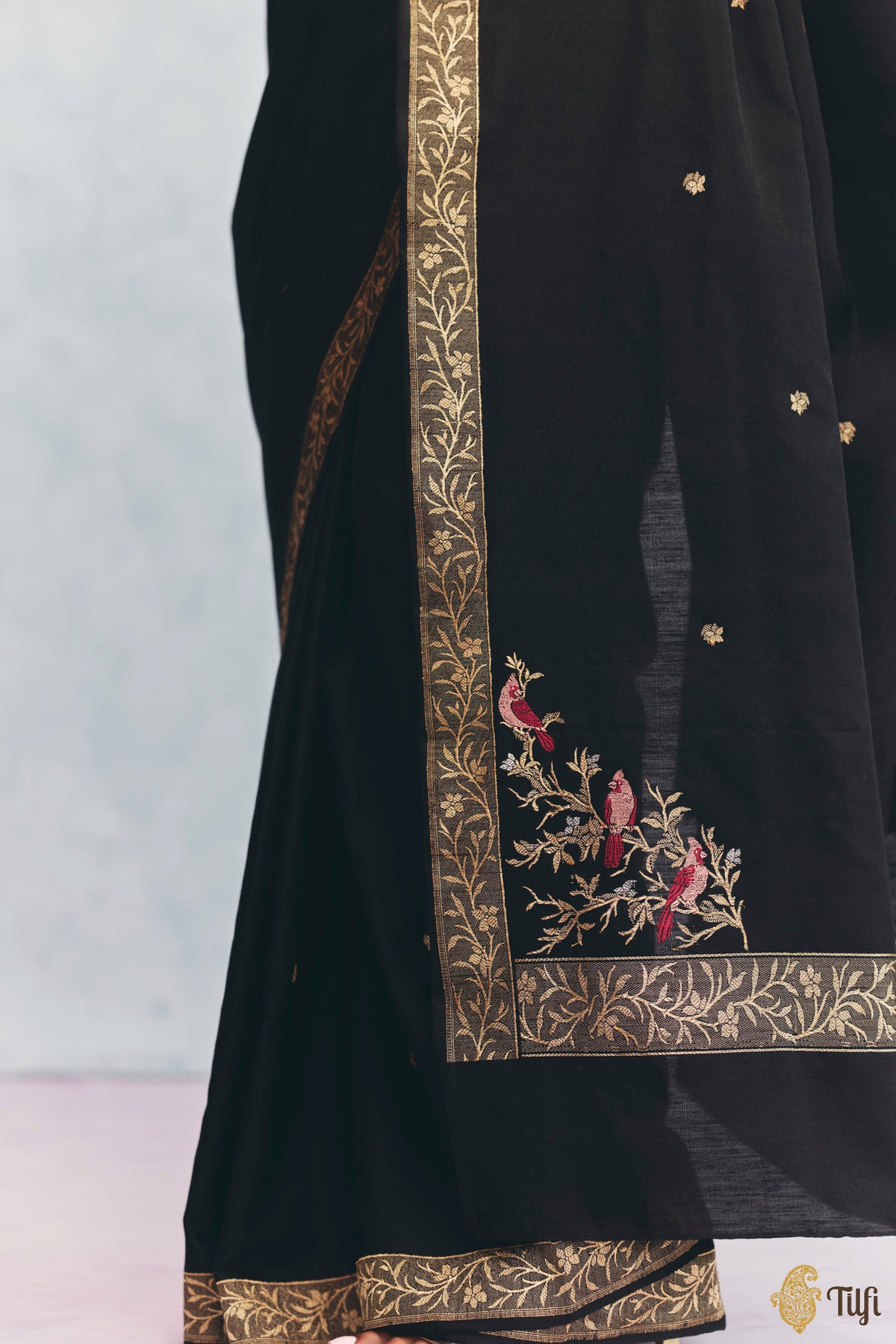 'Willow' Black Silk-Pashmina Wool Banarasi Handloom Saree