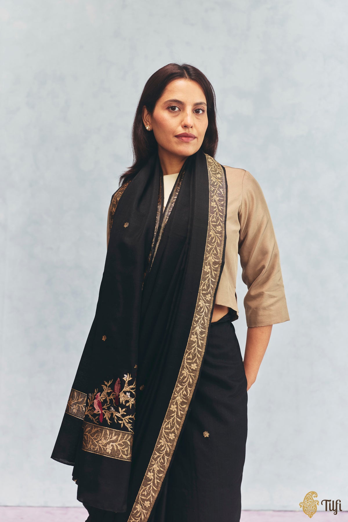 'Willow' Black Silk-Pashmina Wool Banarasi Handloom Saree