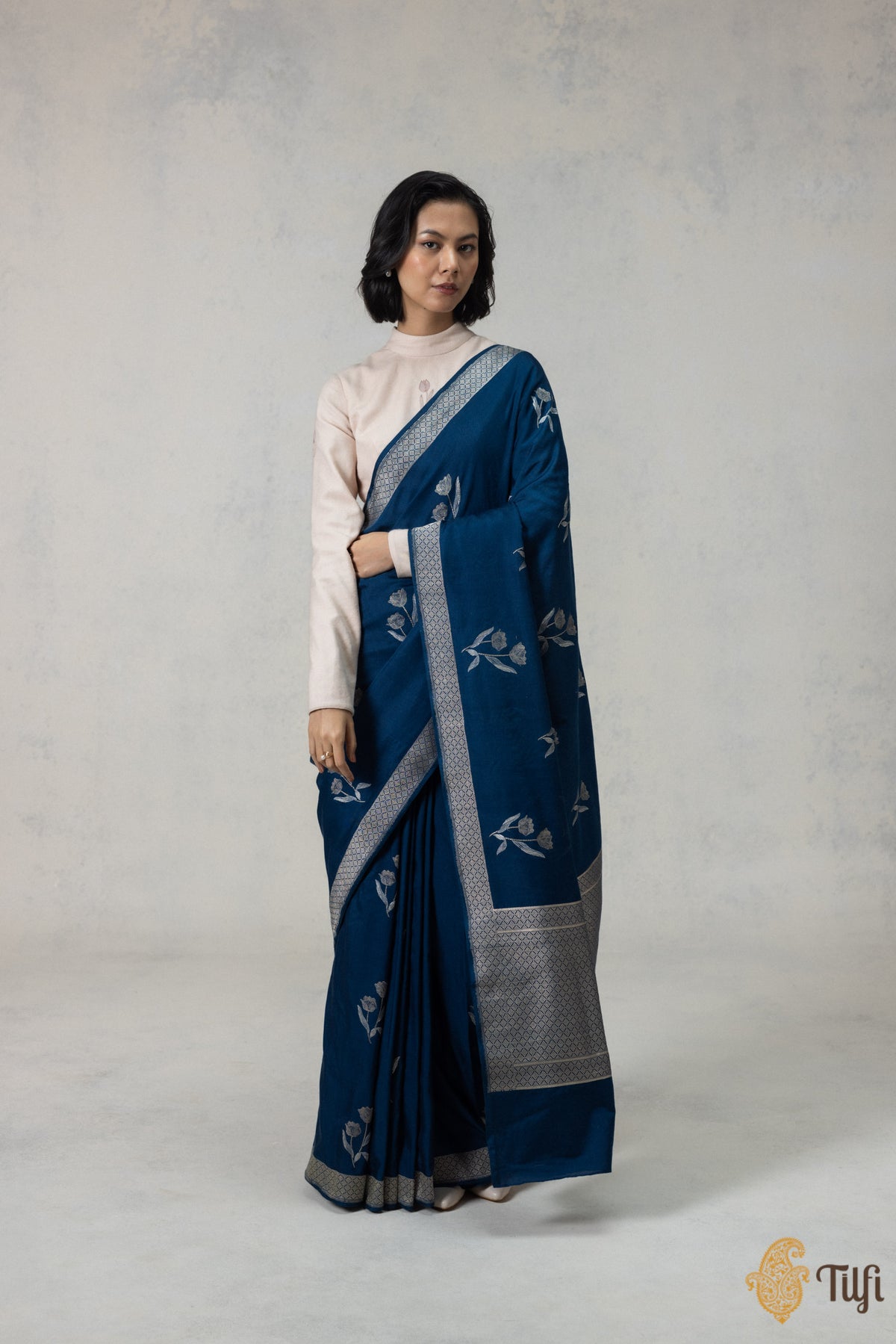 Navy Blue Silk-Wool Banarasi Handloom Saree