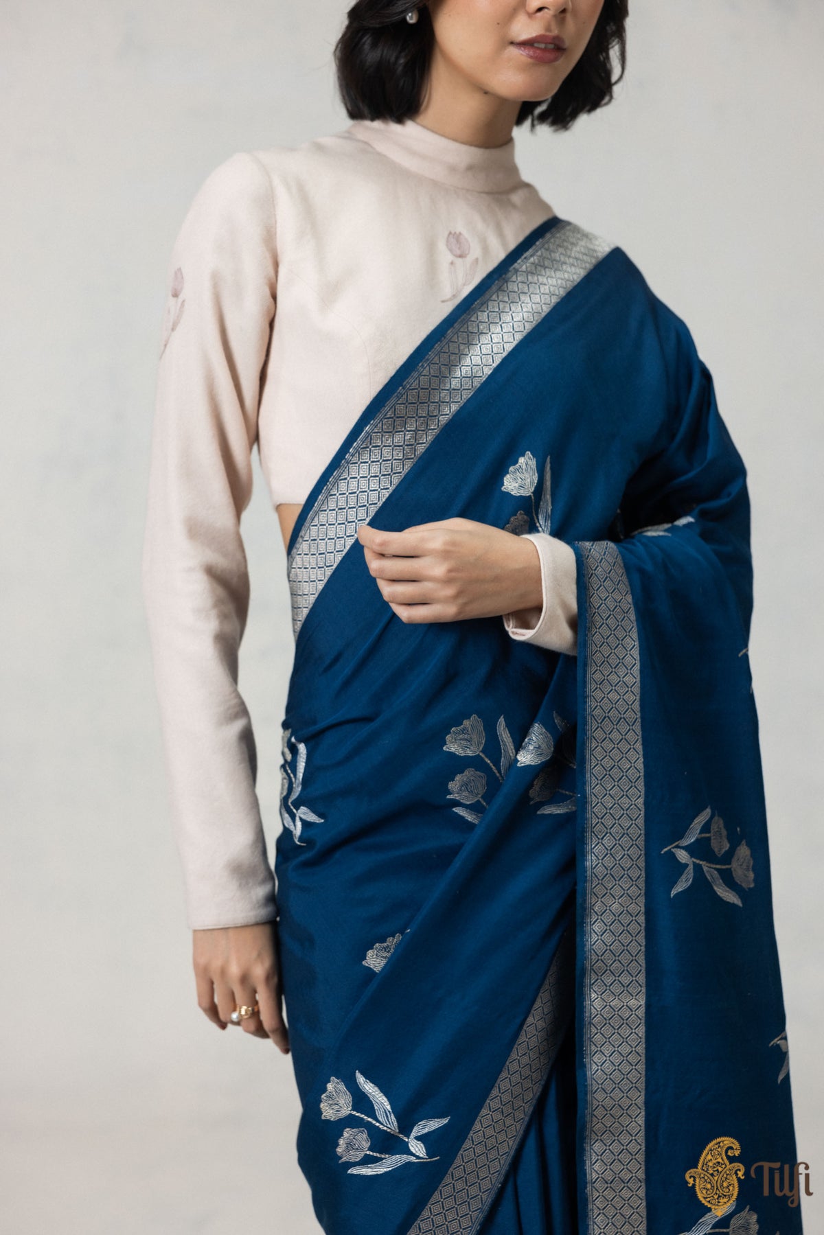 Navy Blue Silk-Wool Banarasi Handloom Saree