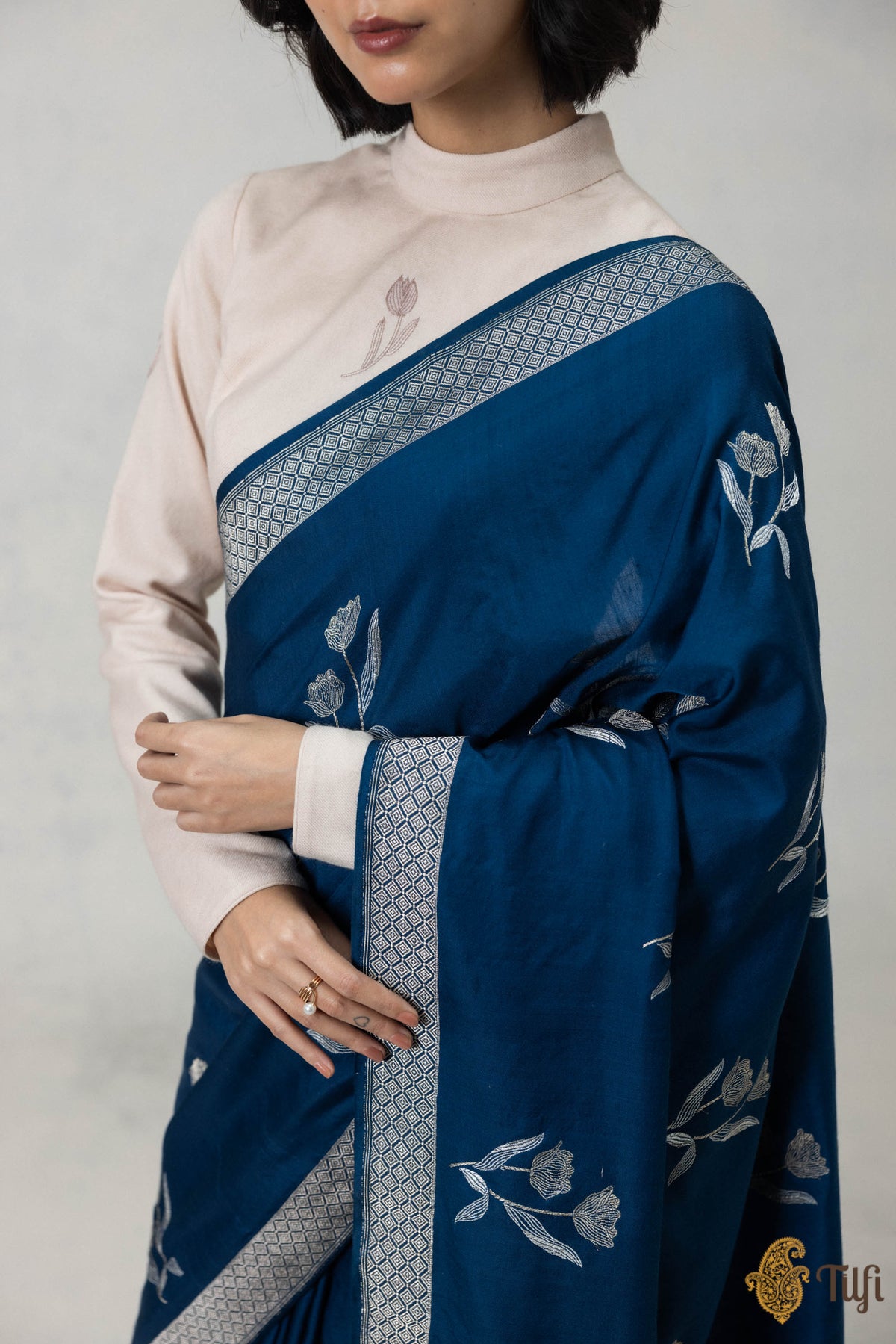 Navy Blue Silk-Wool Banarasi Handloom Saree