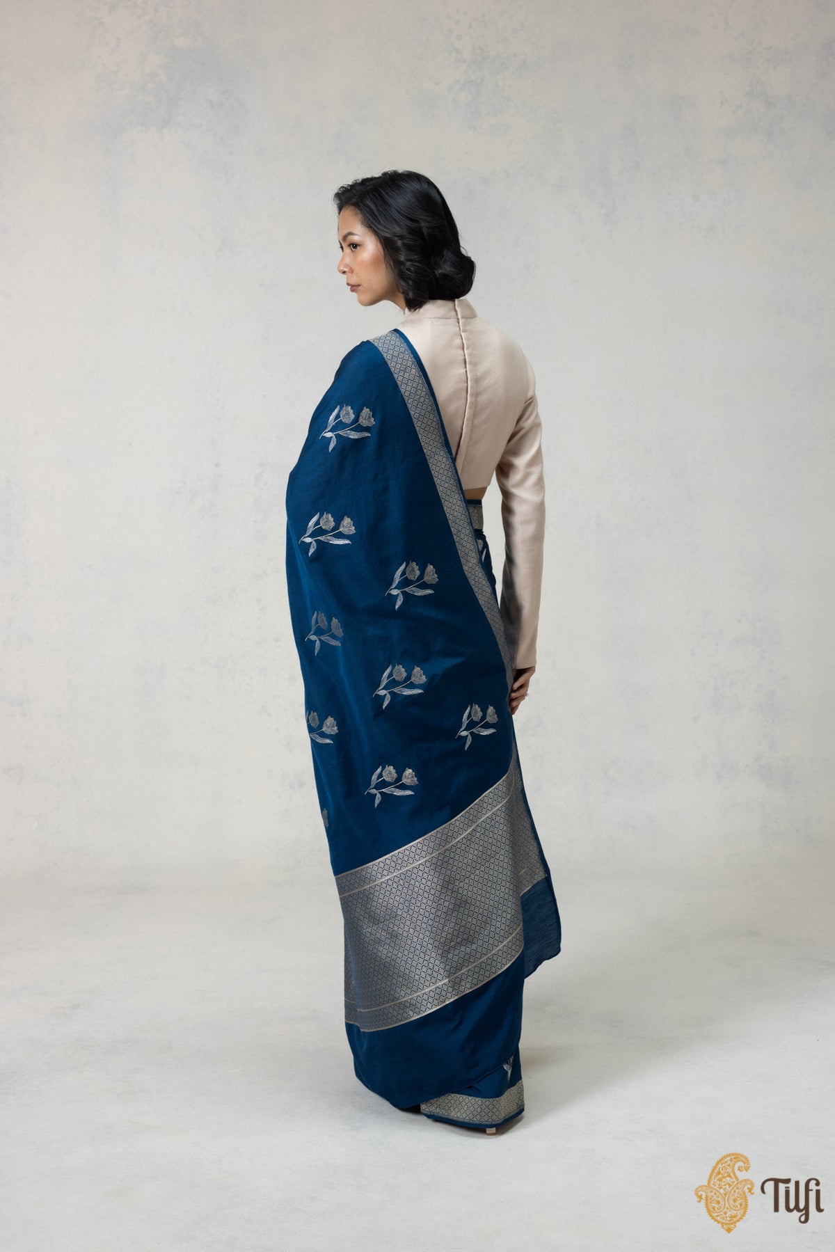 Navy Blue Silk-Wool Banarasi Handloom Saree