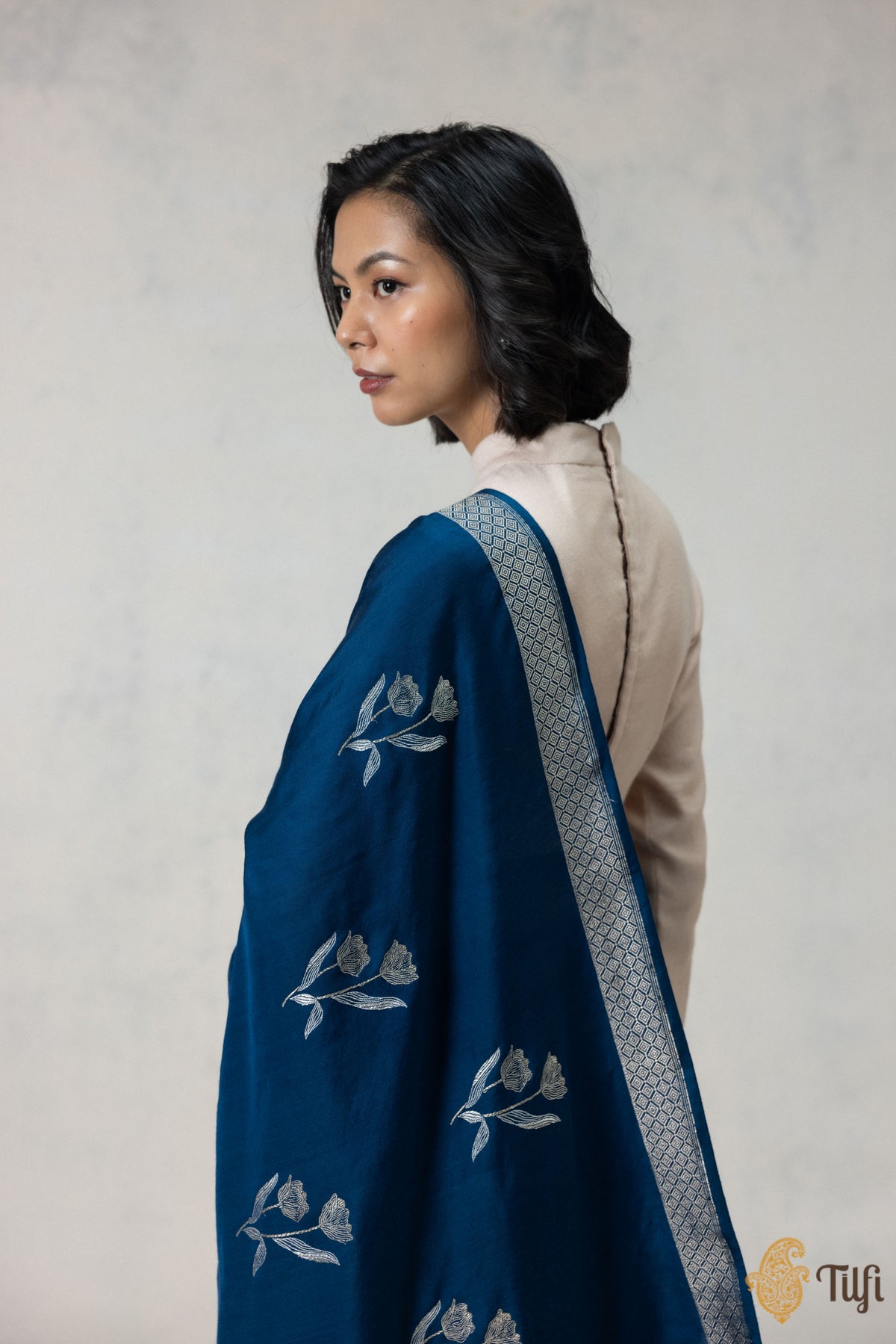 Navy Blue Silk-Wool Banarasi Handloom Saree