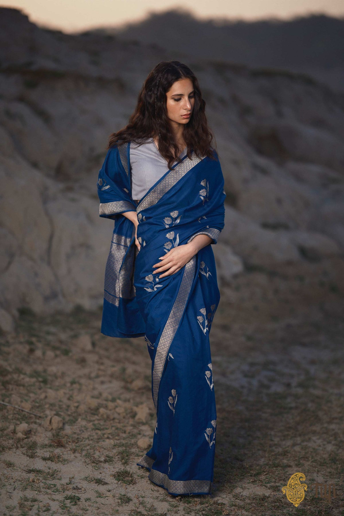 Navy Blue Silk-Wool Banarasi Handloom Saree