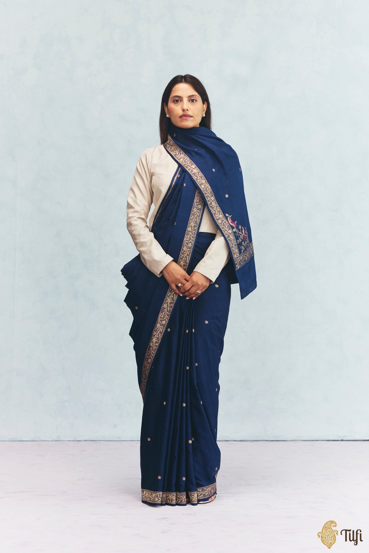 'Willow' Navy Blue Silk-Pashmina Wool Banarasi Handloom Saree