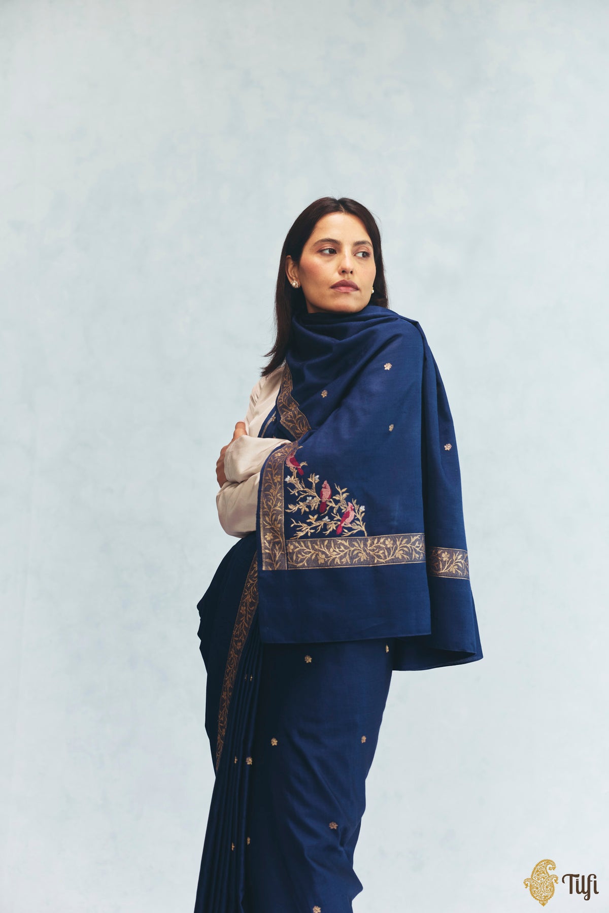 'Willow' Navy Blue Silk-Pashmina Wool Banarasi Handloom Saree