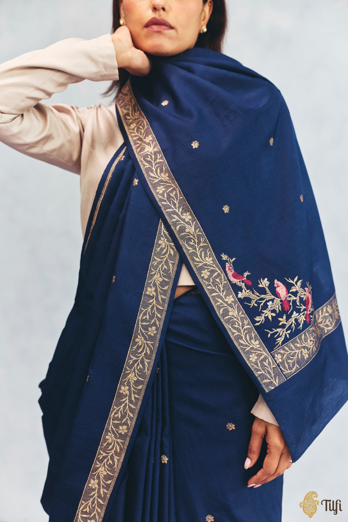 'Willow' Navy Blue Silk-Pashmina Wool Banarasi Handloom Saree