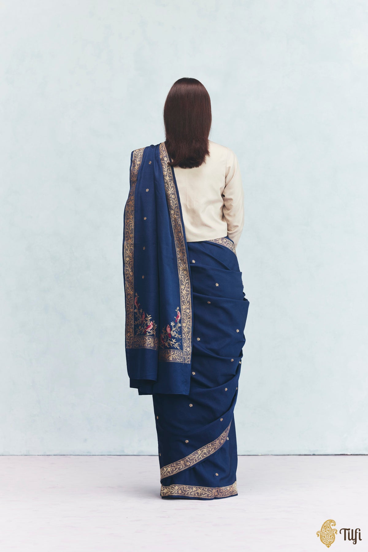 'Willow' Navy Blue Silk-Pashmina Wool Banarasi Handloom Saree