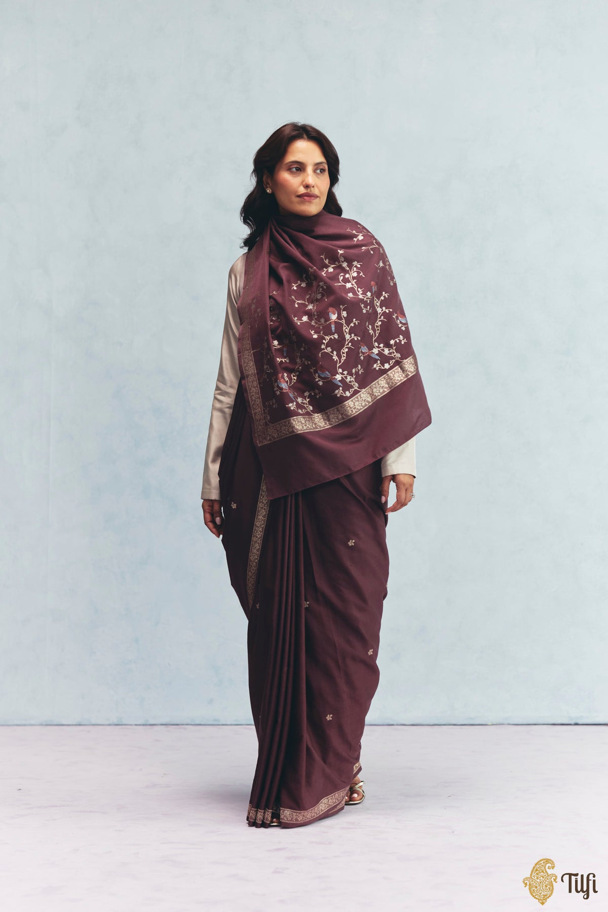 'Winter Song' Garnet Brown Silk-Pashmina Wool Banarasi Handloom Saree