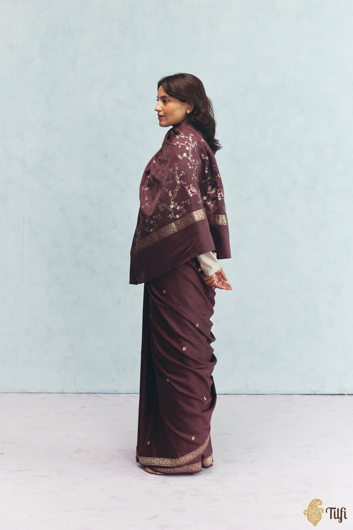 'Winter Song' Garnet Brown Silk-Pashmina Wool Banarasi Handloom Saree