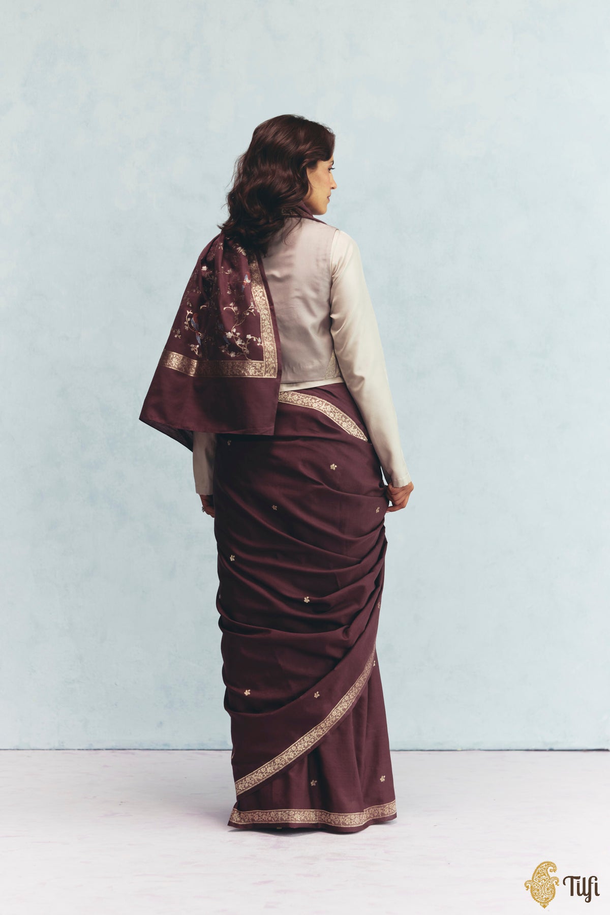 'Winter Song' Garnet Brown Silk-Pashmina Wool Banarasi Handloom Saree