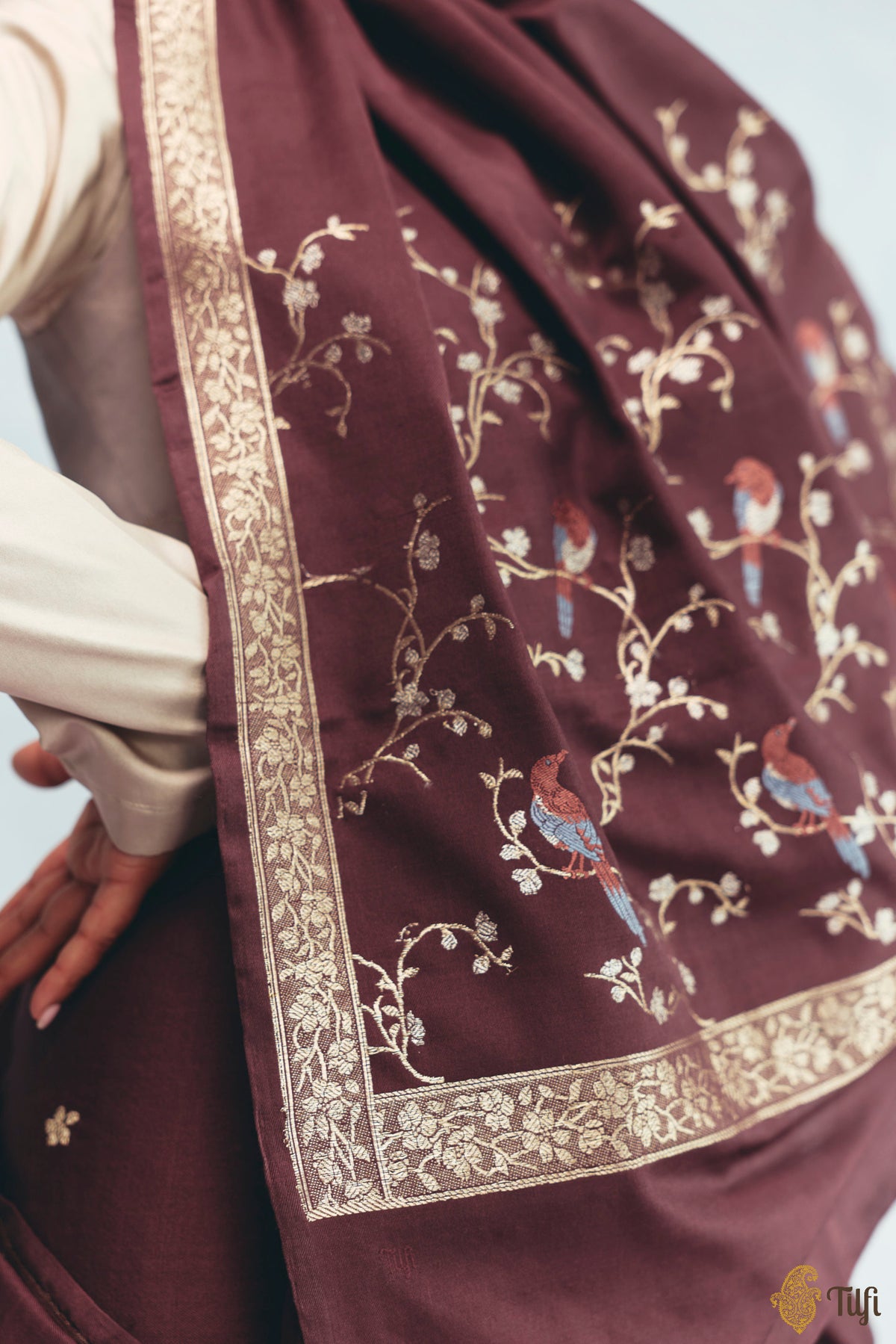 'Winter Song' Garnet Brown Silk-Pashmina Wool Banarasi Handloom Saree