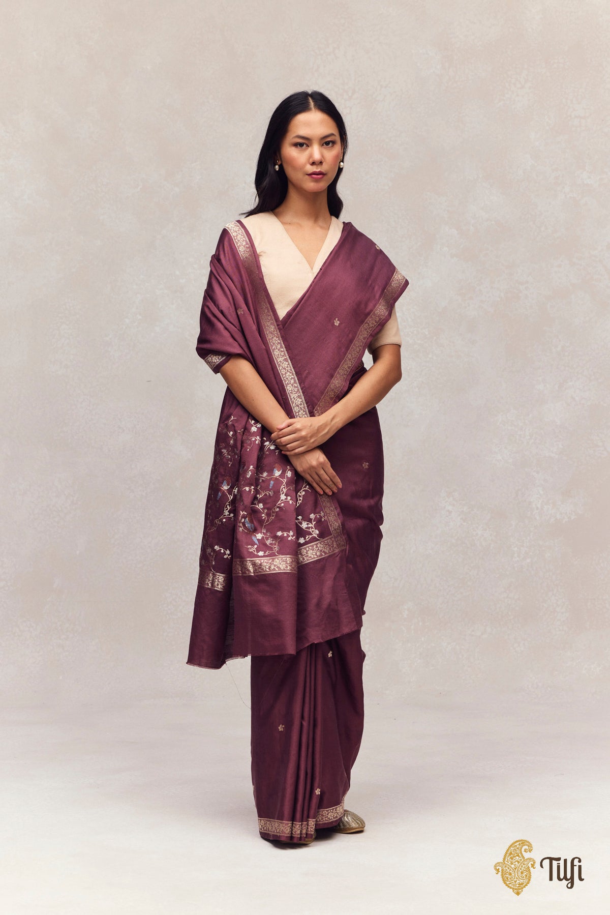 'Winter Song' Brown Silk-Pashmina Wool Banarasi Handloom Saree