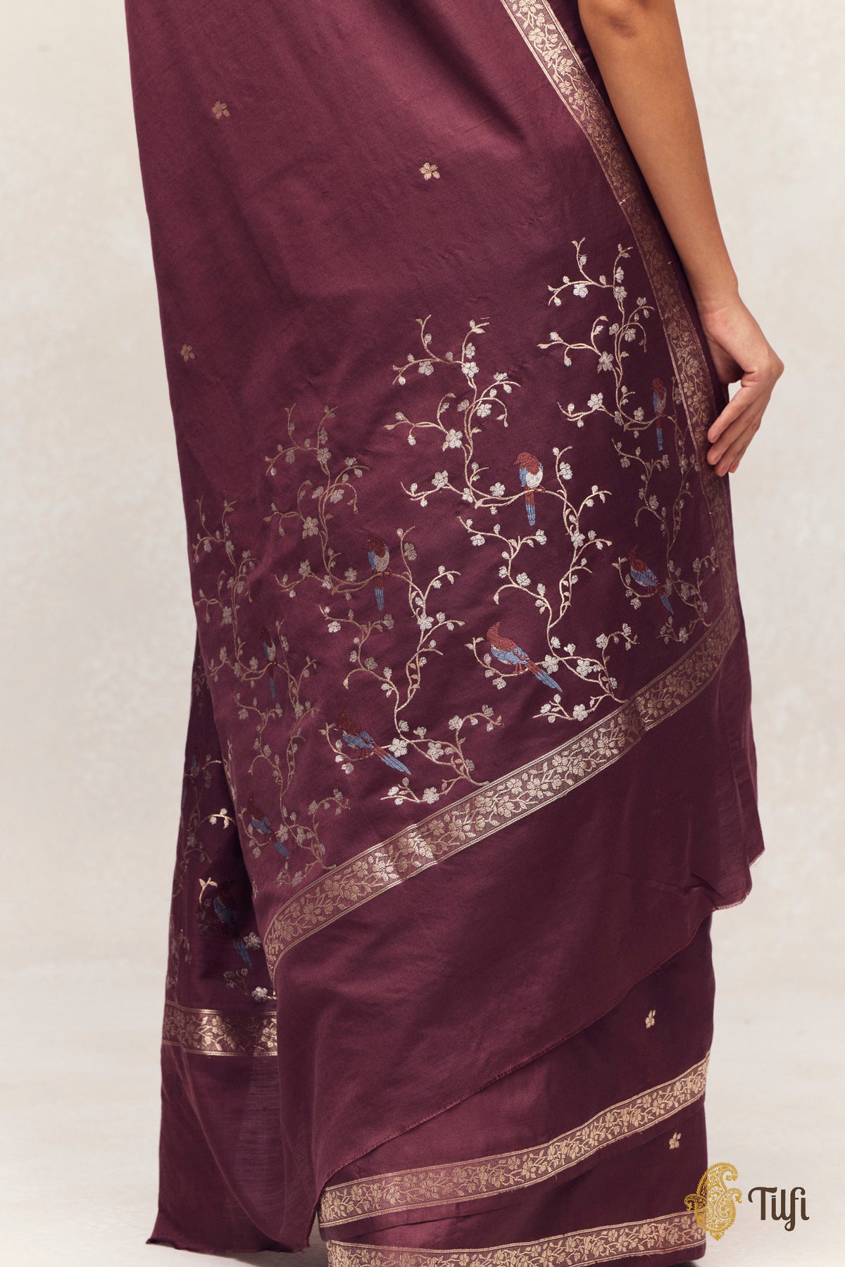 'Winter Song' Brown Silk-Pashmina Wool Banarasi Handloom Saree