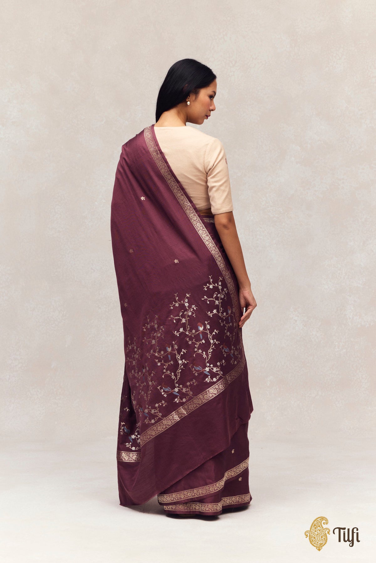 'Winter Song' Brown Silk-Pashmina Wool Banarasi Handloom Saree