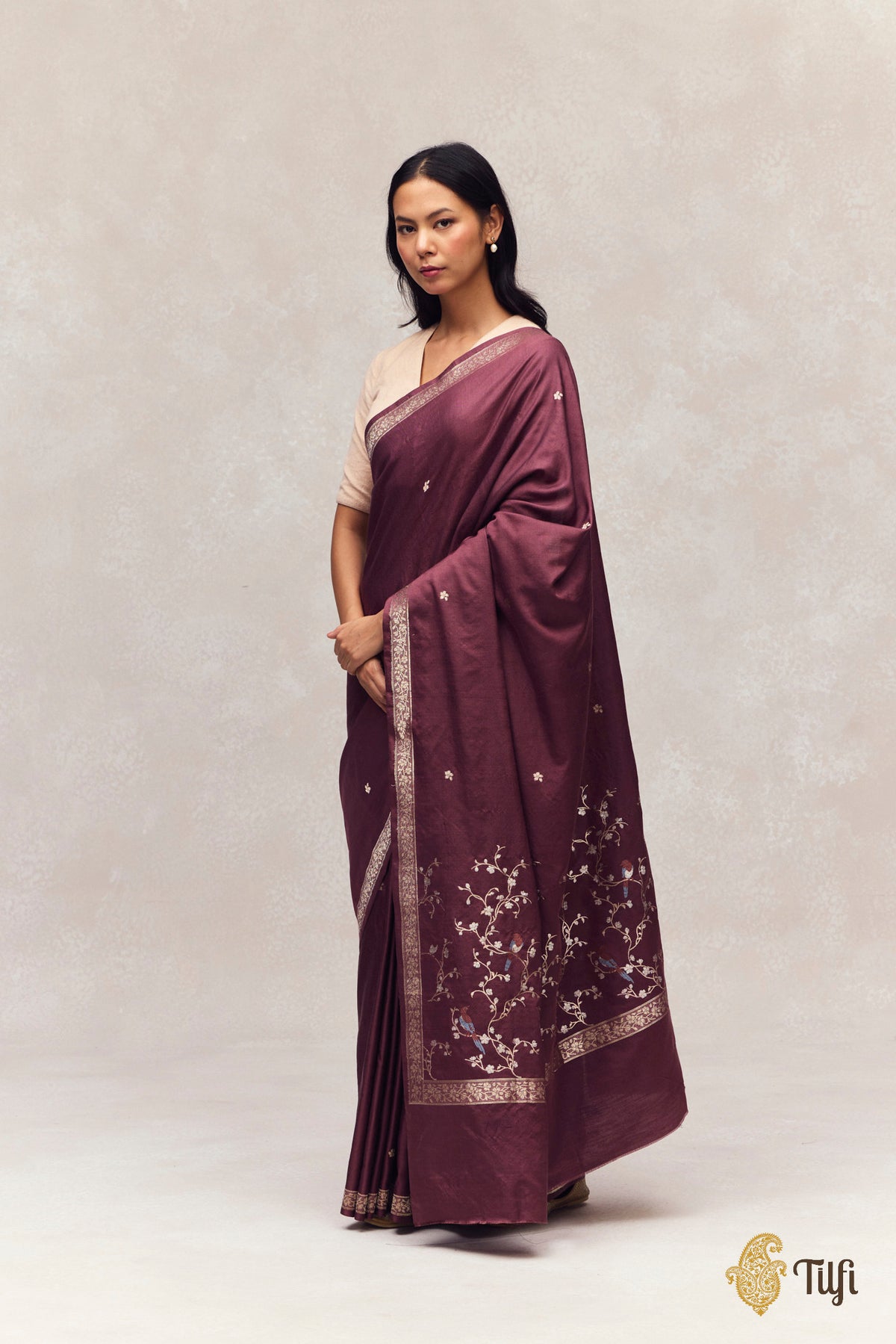 'Winter Song' Brown Silk-Pashmina Wool Banarasi Handloom Saree