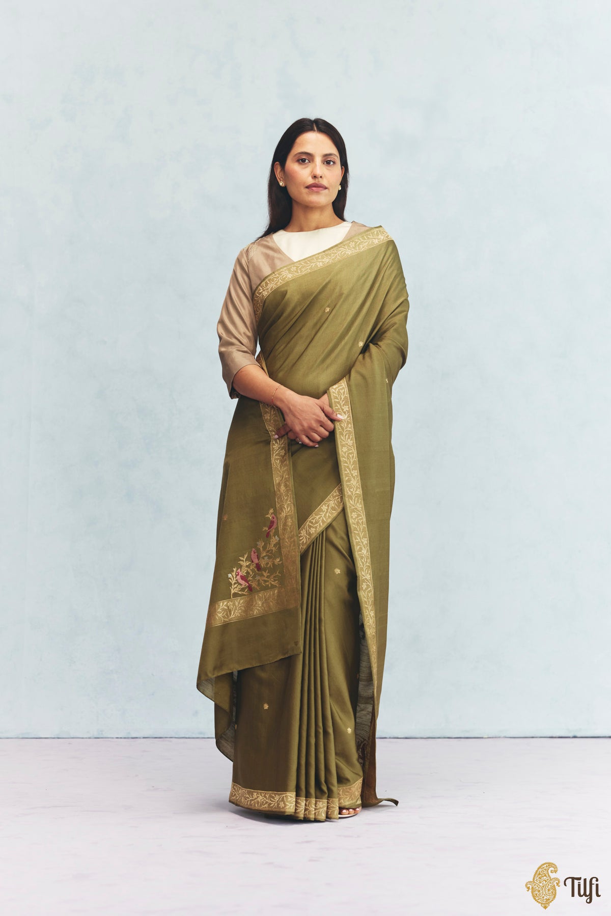 'Willow' Sage Green Silk-Pashmina Wool Banarasi Handloom Saree