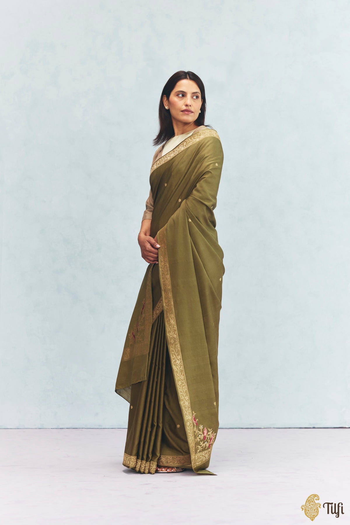 'Willow' Sage Green Silk-Pashmina Wool Banarasi Handloom Saree
