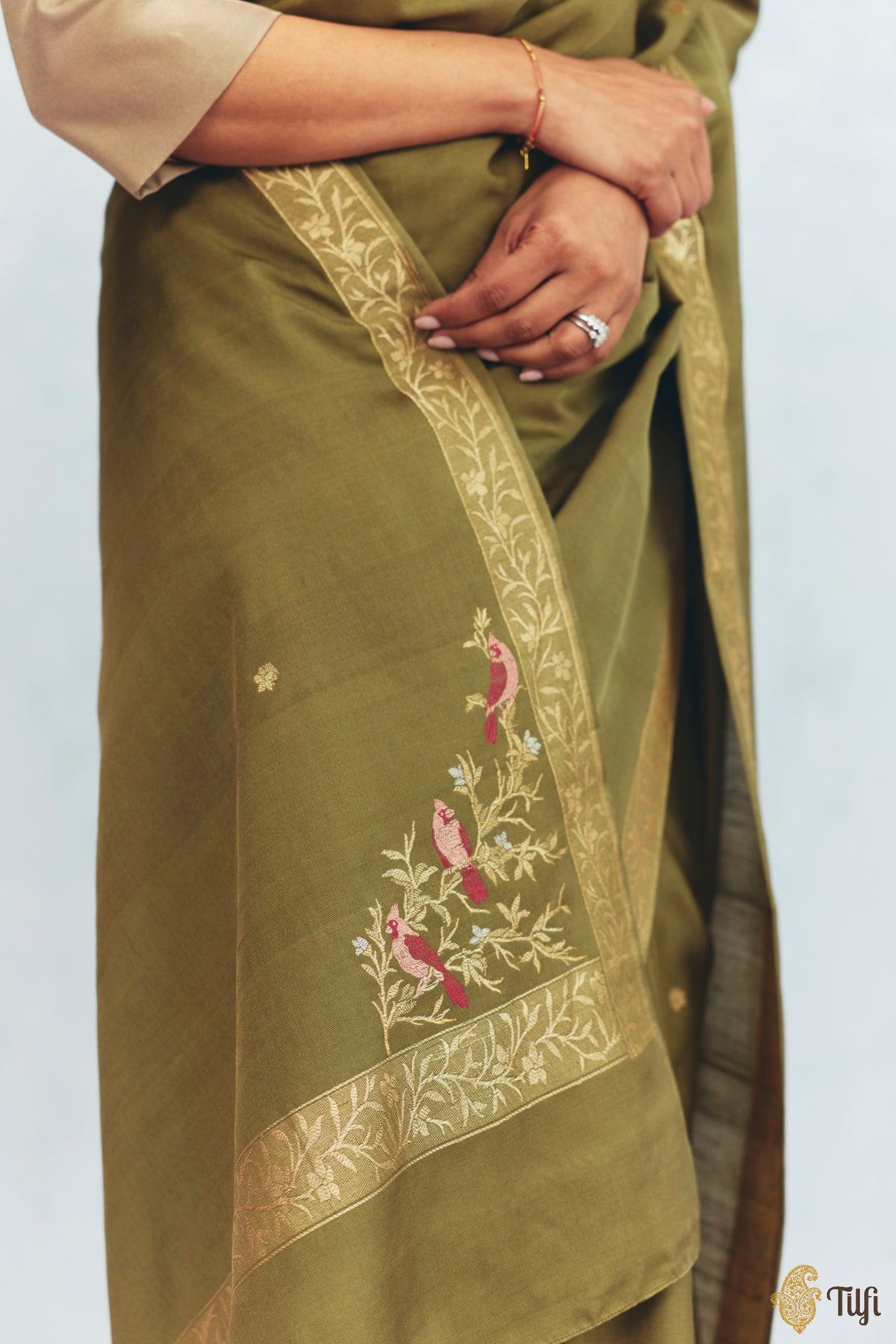 'Willow' Sage Green Silk-Pashmina Wool Banarasi Handloom Saree
