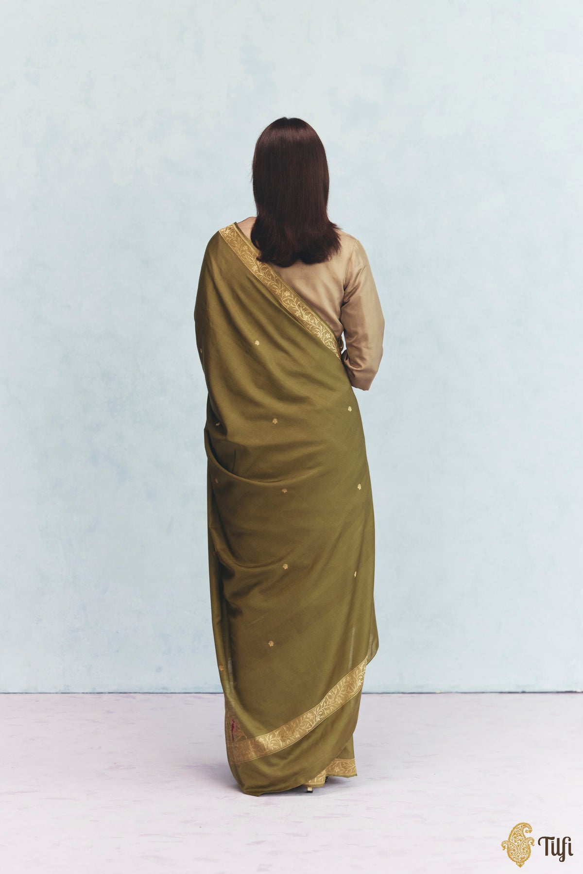 'Willow' Sage Green Silk-Pashmina Wool Banarasi Handloom Saree