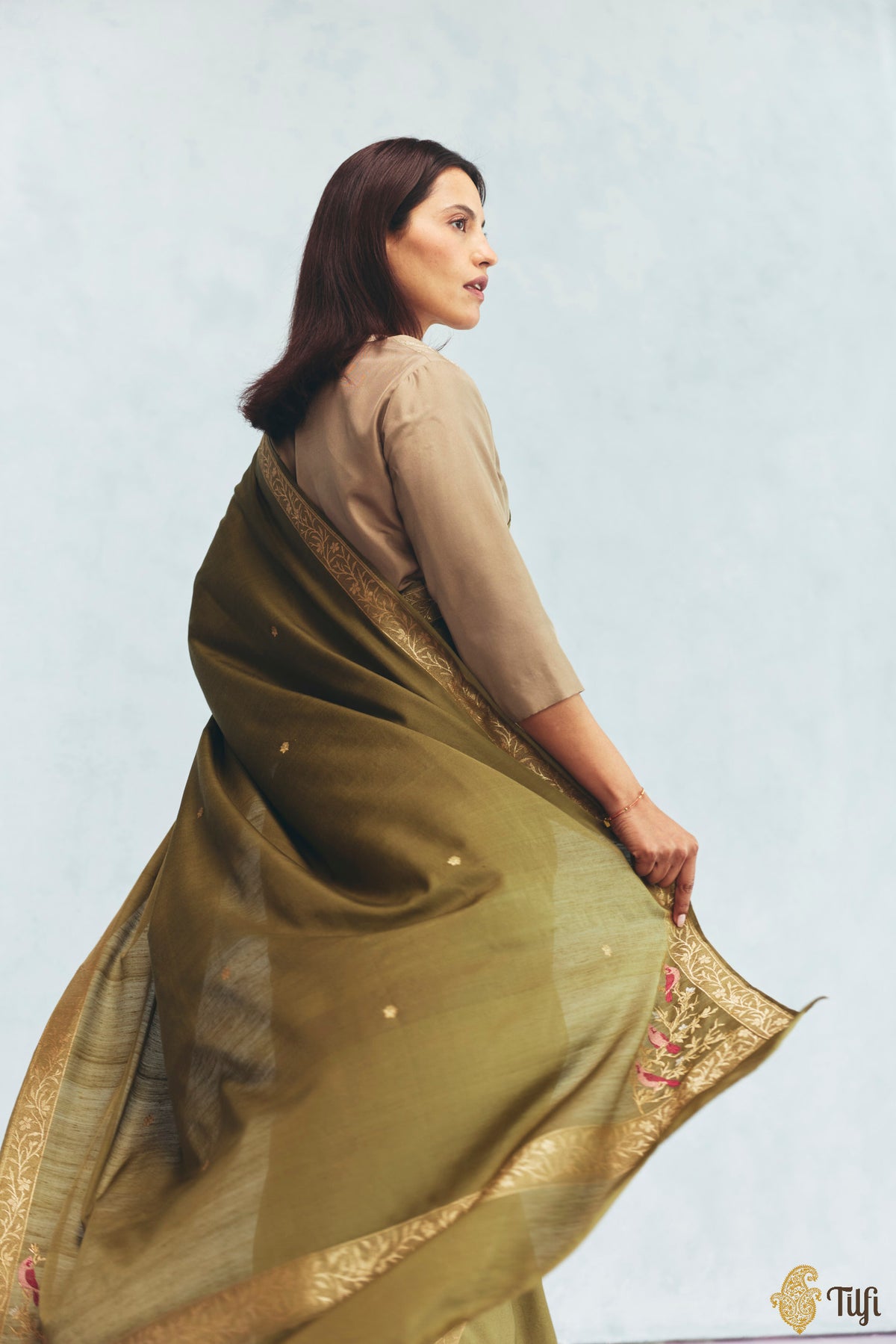 'Willow' Sage Green Silk-Pashmina Wool Banarasi Handloom Saree