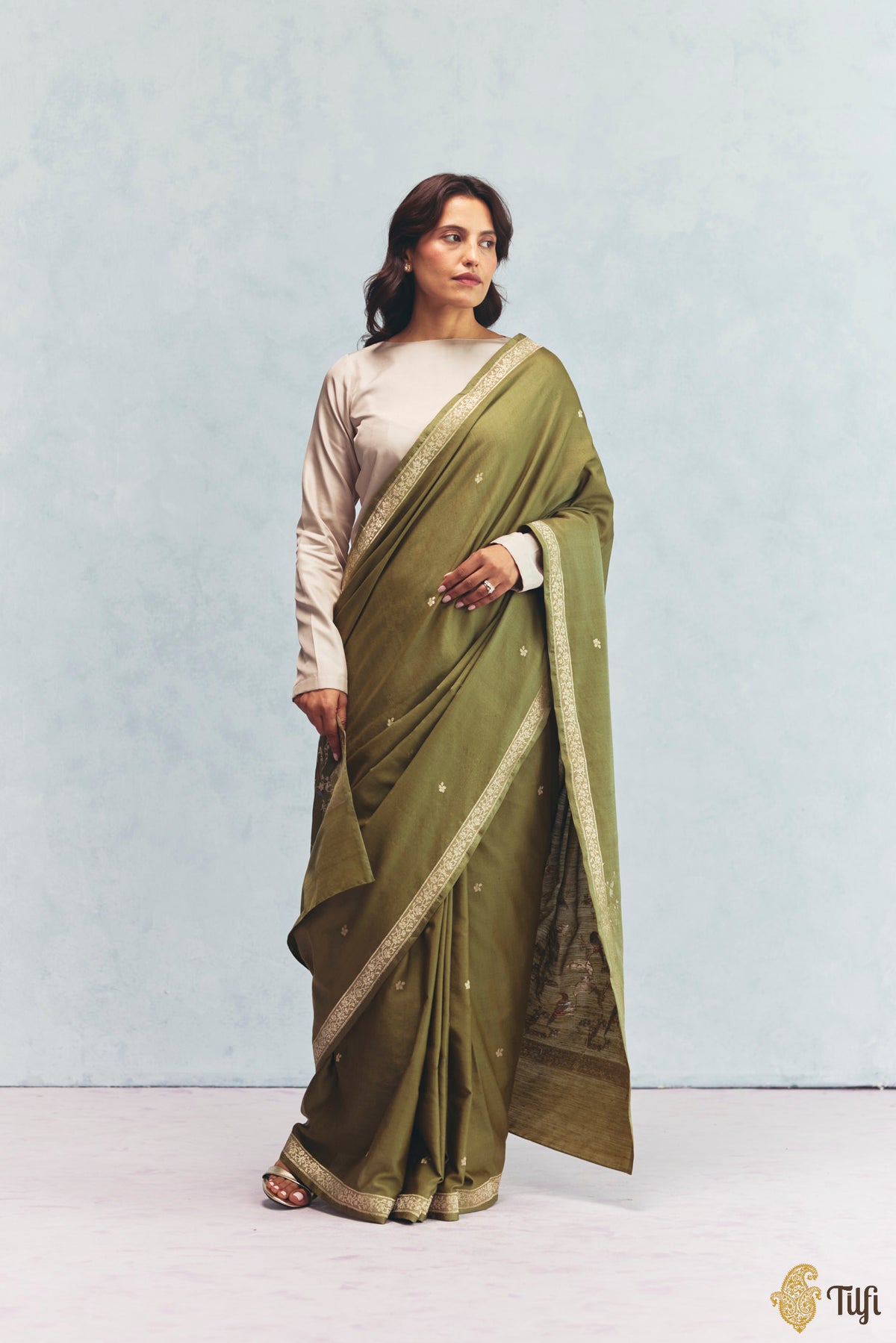 'Winter Song' Green Silk-Pashmina Wool Banarasi Handloom Saree