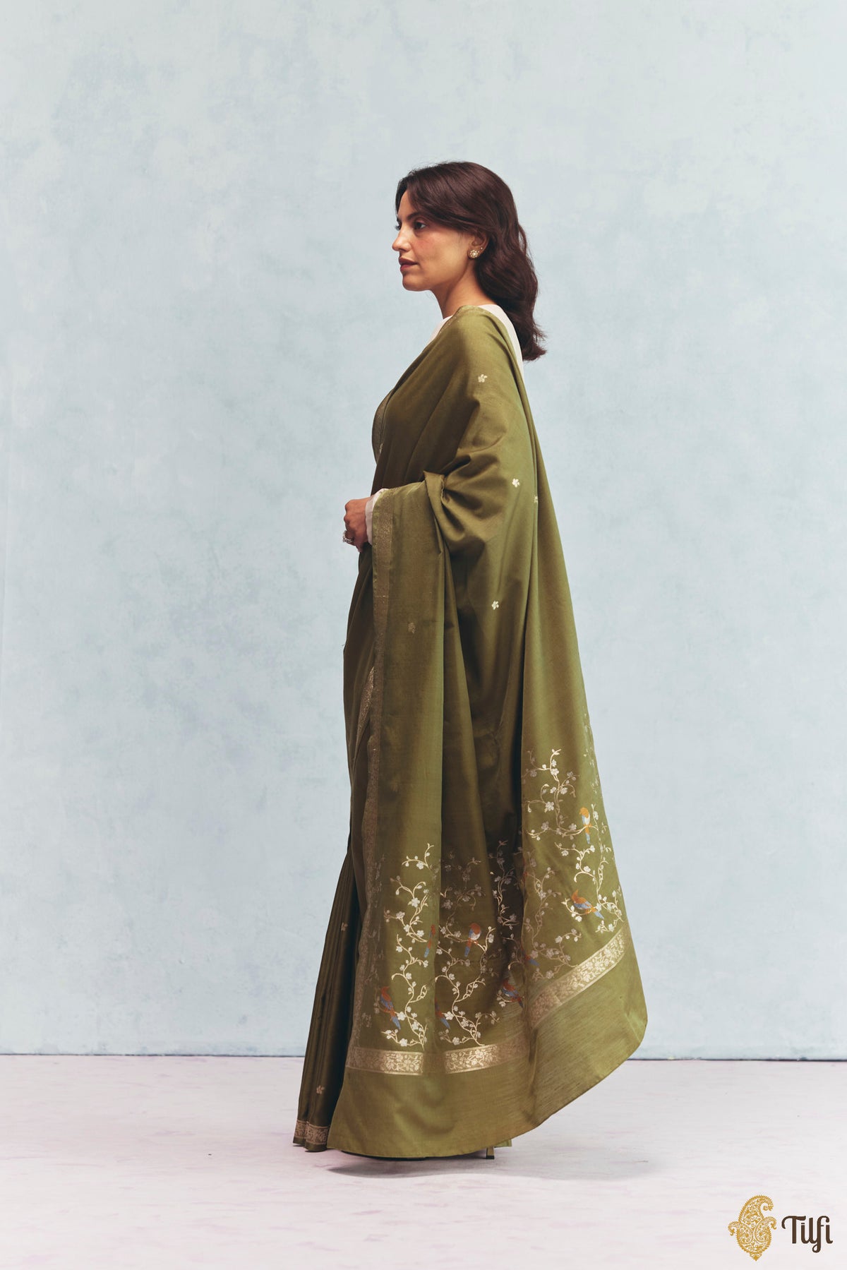 'Winter Song' Green Silk-Pashmina Wool Banarasi Handloom Saree