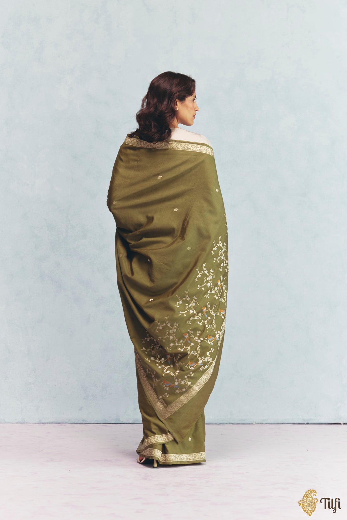 'Winter Song' Green Silk-Pashmina Wool Banarasi Handloom Saree