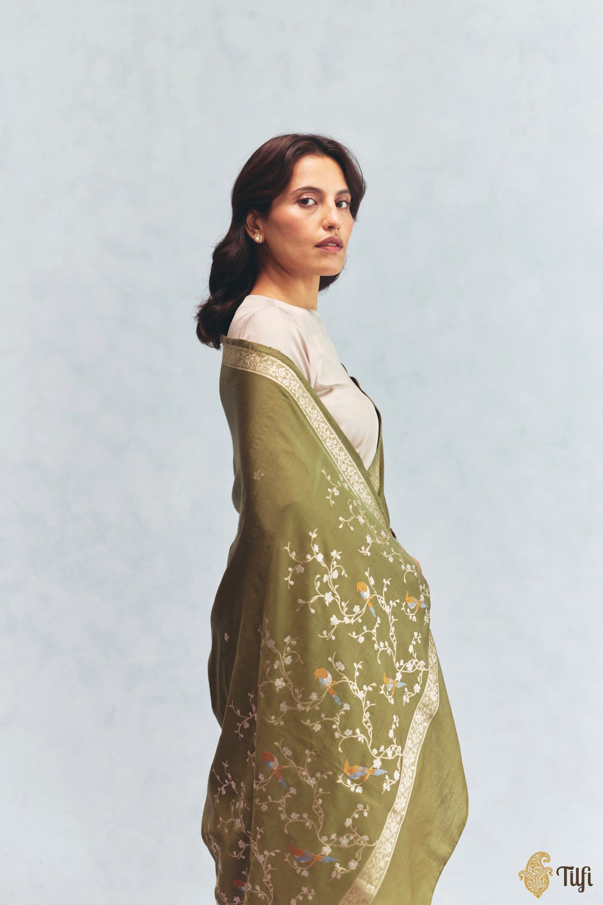 'Winter Song' Green Silk-Pashmina Wool Banarasi Handloom Saree