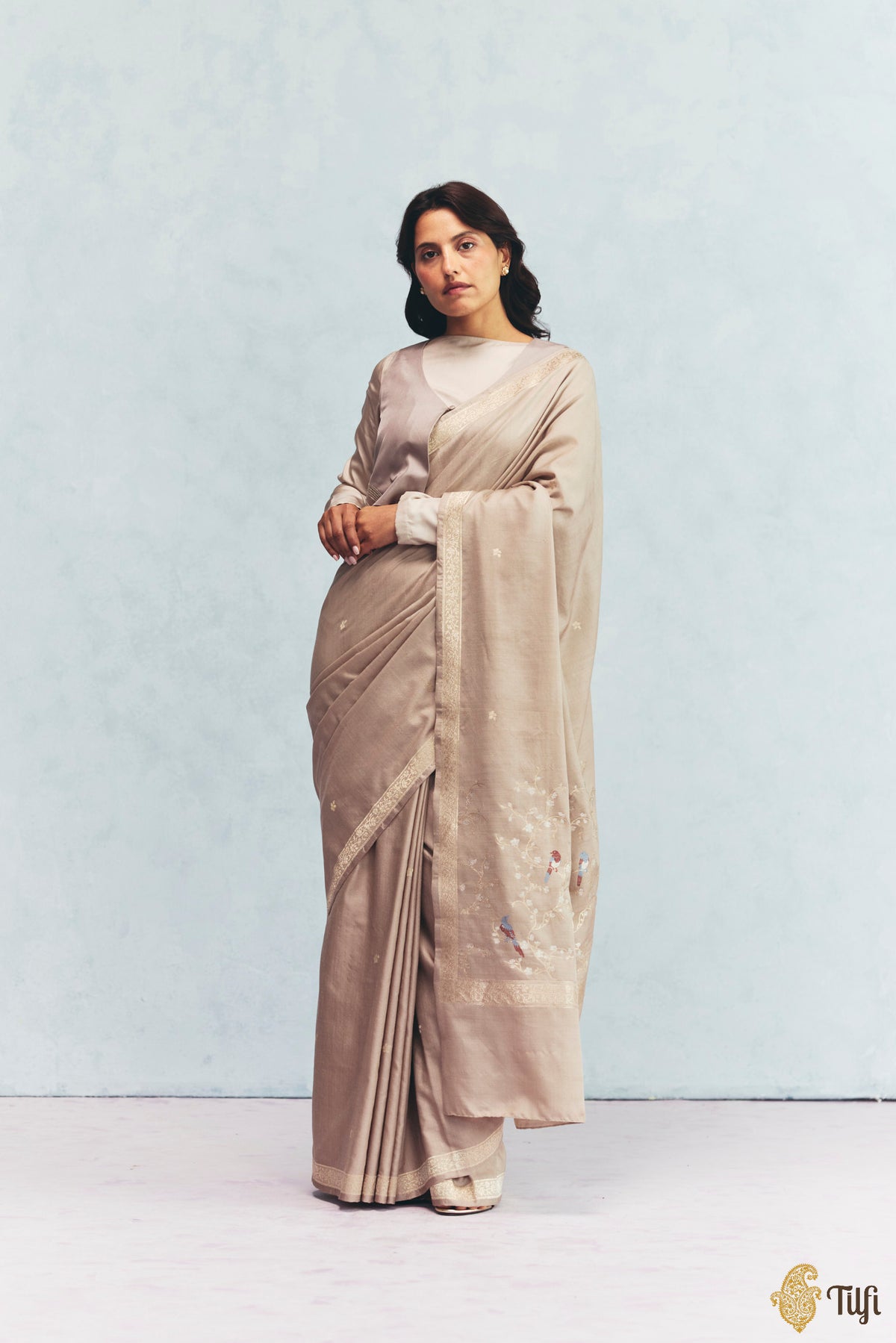'Winter Song' Beige Silk-Pashmina Wool Banarasi Handloom Saree