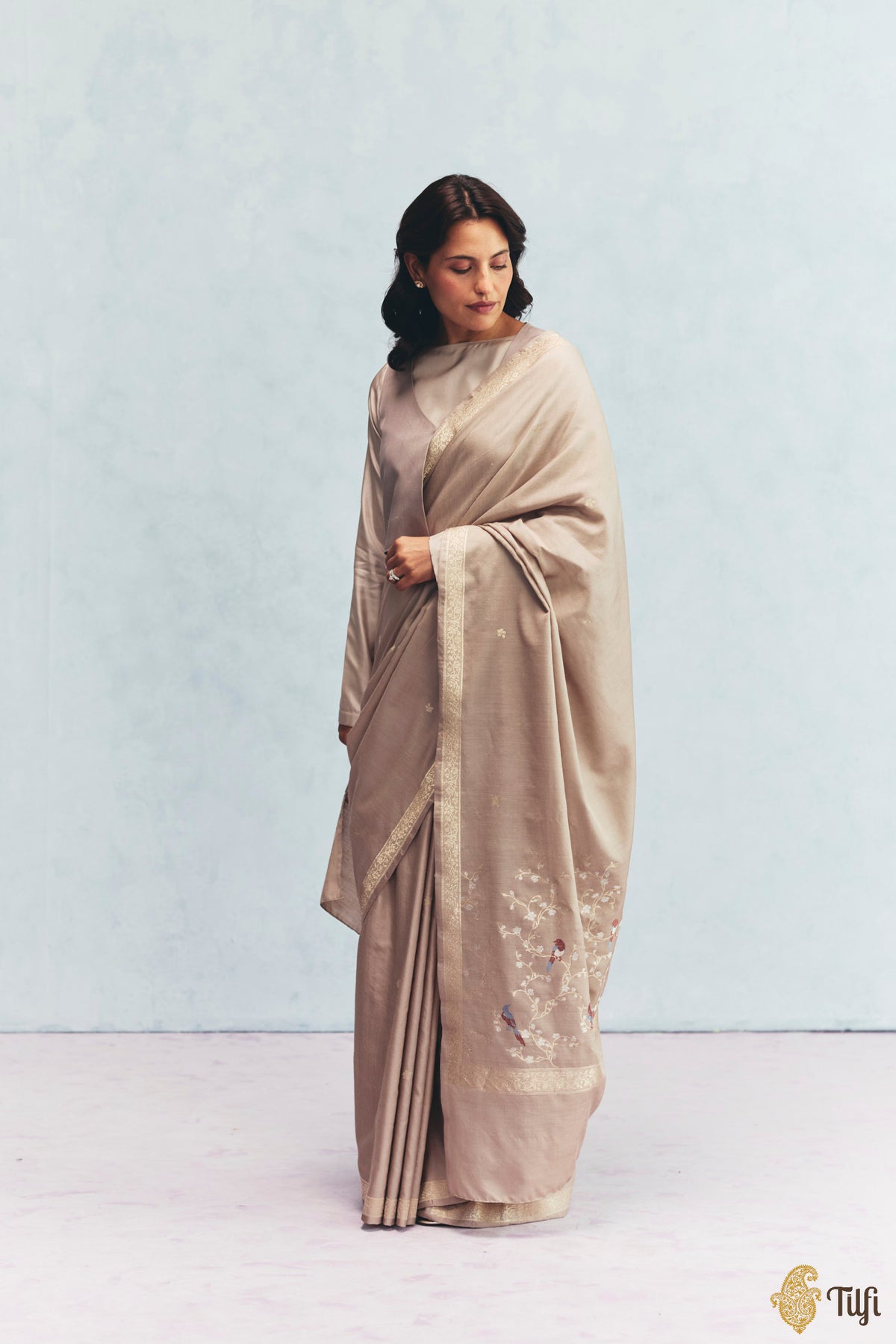 'Winter Song' Beige Silk-Pashmina Wool Banarasi Handloom Saree