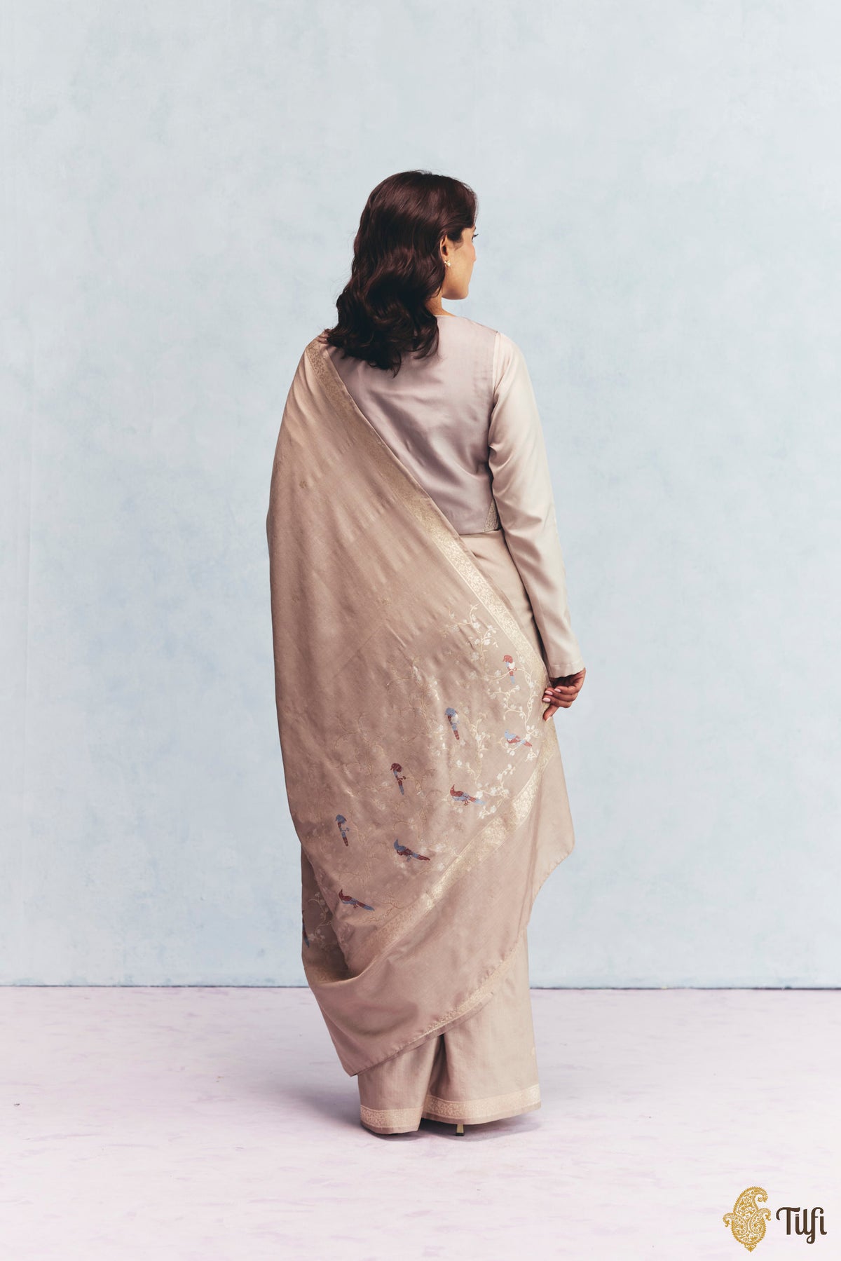 'Winter Song' Beige Silk-Pashmina Wool Banarasi Handloom Saree