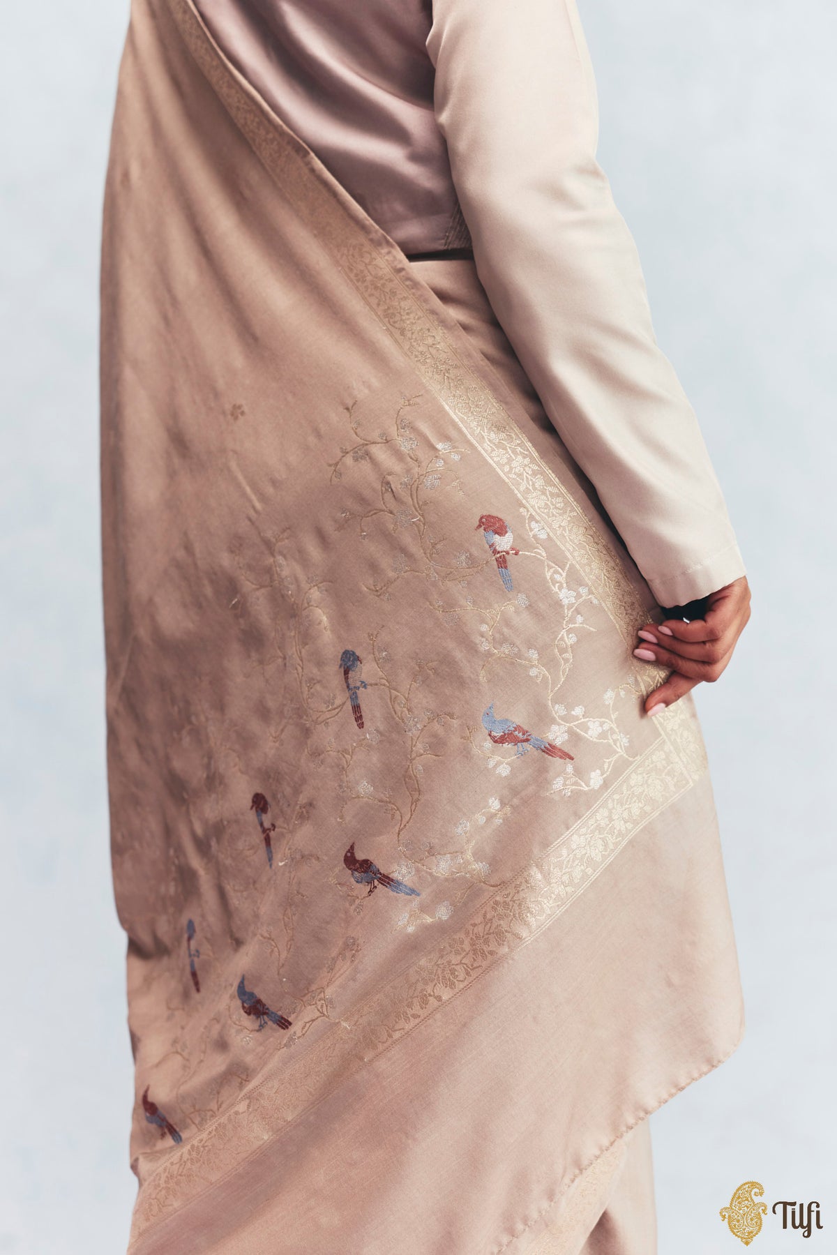 'Winter Song' Beige Silk-Pashmina Wool Banarasi Handloom Saree