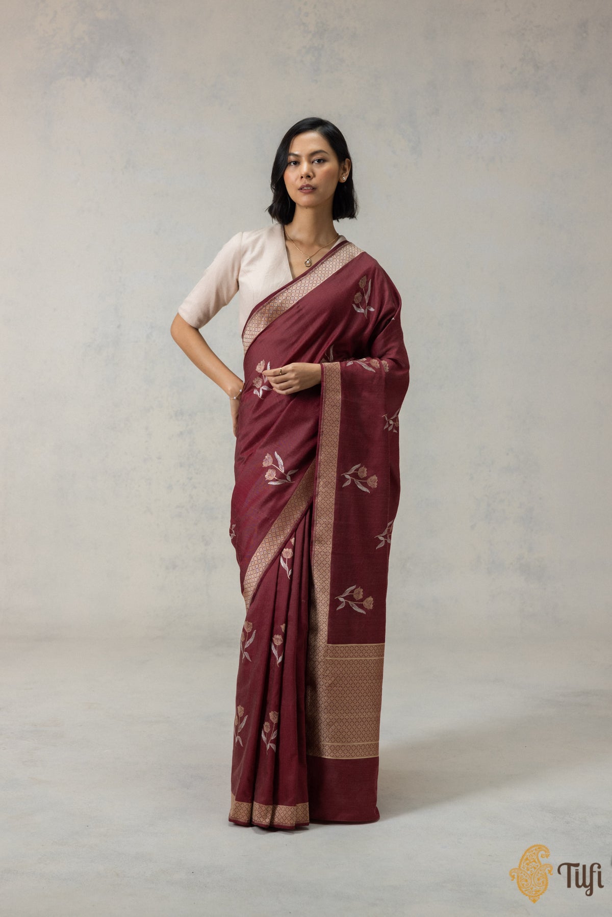 Maroon-Rust Silk-Wool Banarasi Handloom Saree