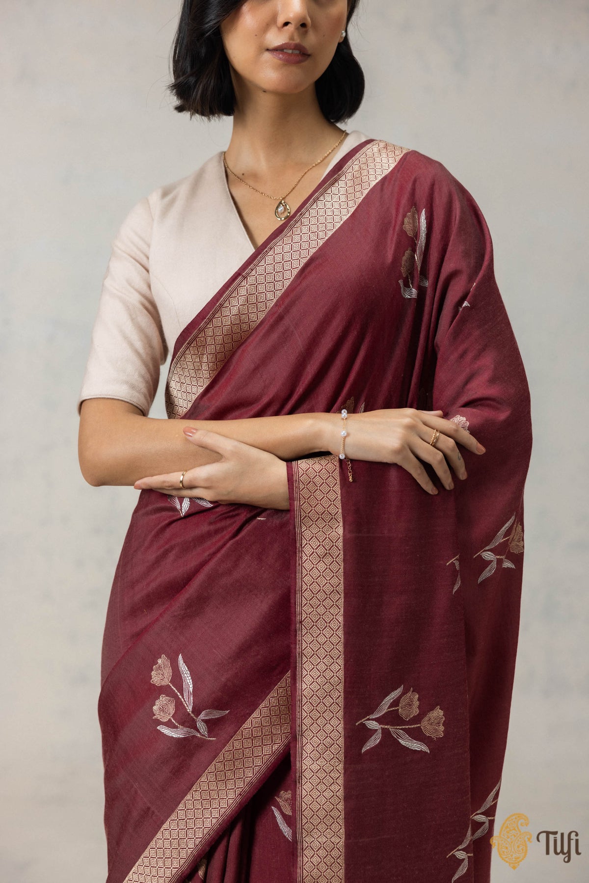 Maroon-Rust Silk-Wool Banarasi Handloom Saree