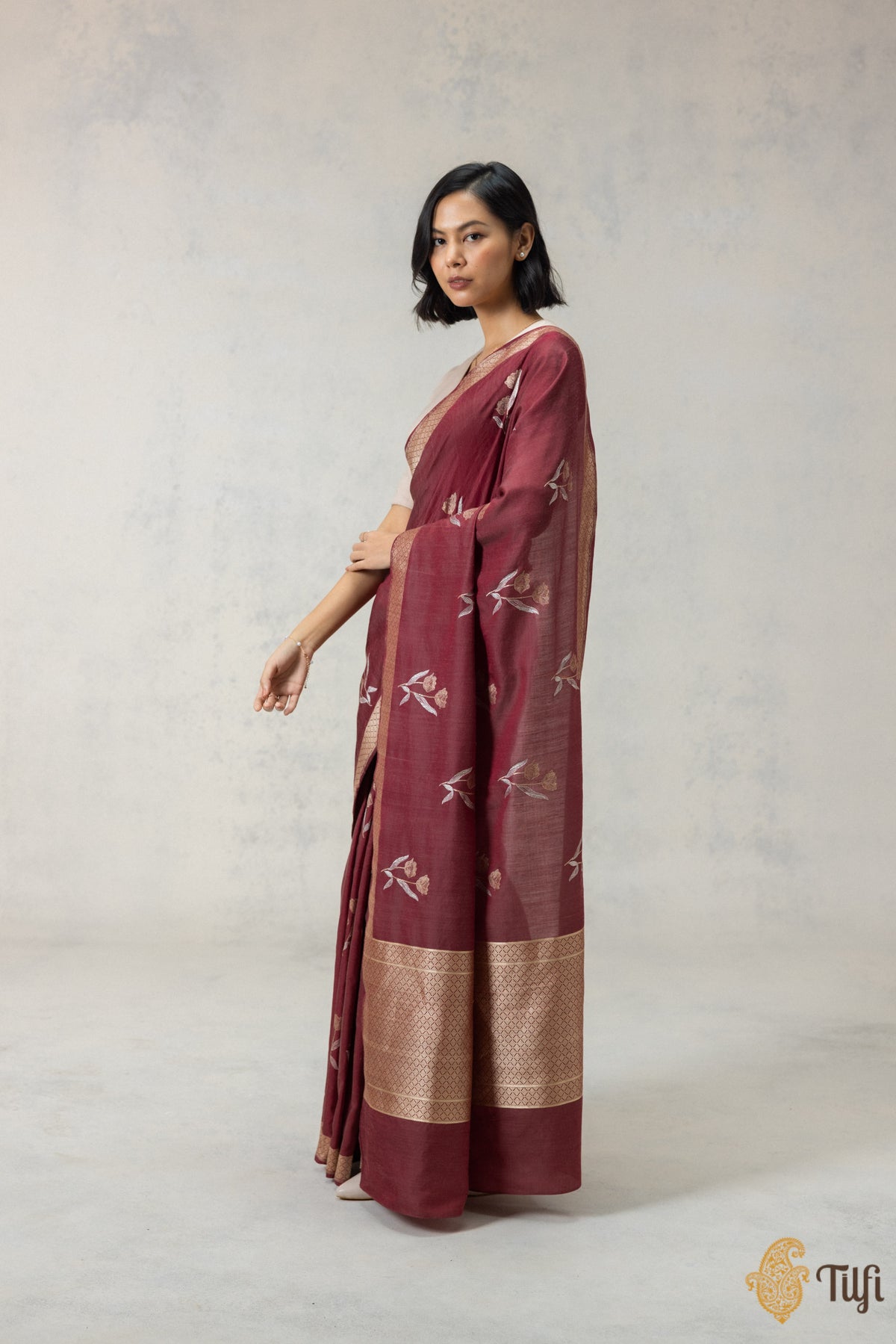 Maroon-Rust Silk-Wool Banarasi Handloom Saree