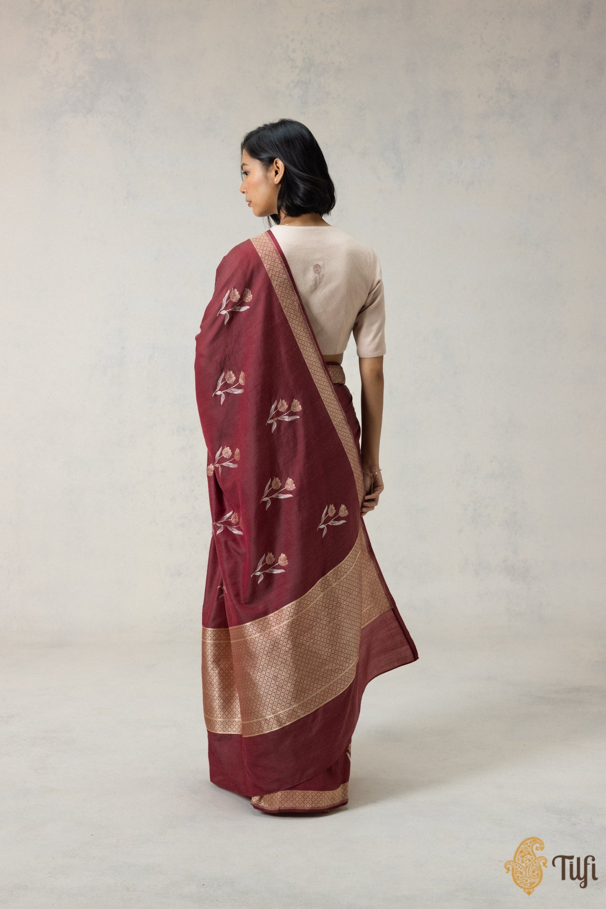 Maroon-Rust Silk-Wool Banarasi Handloom Saree