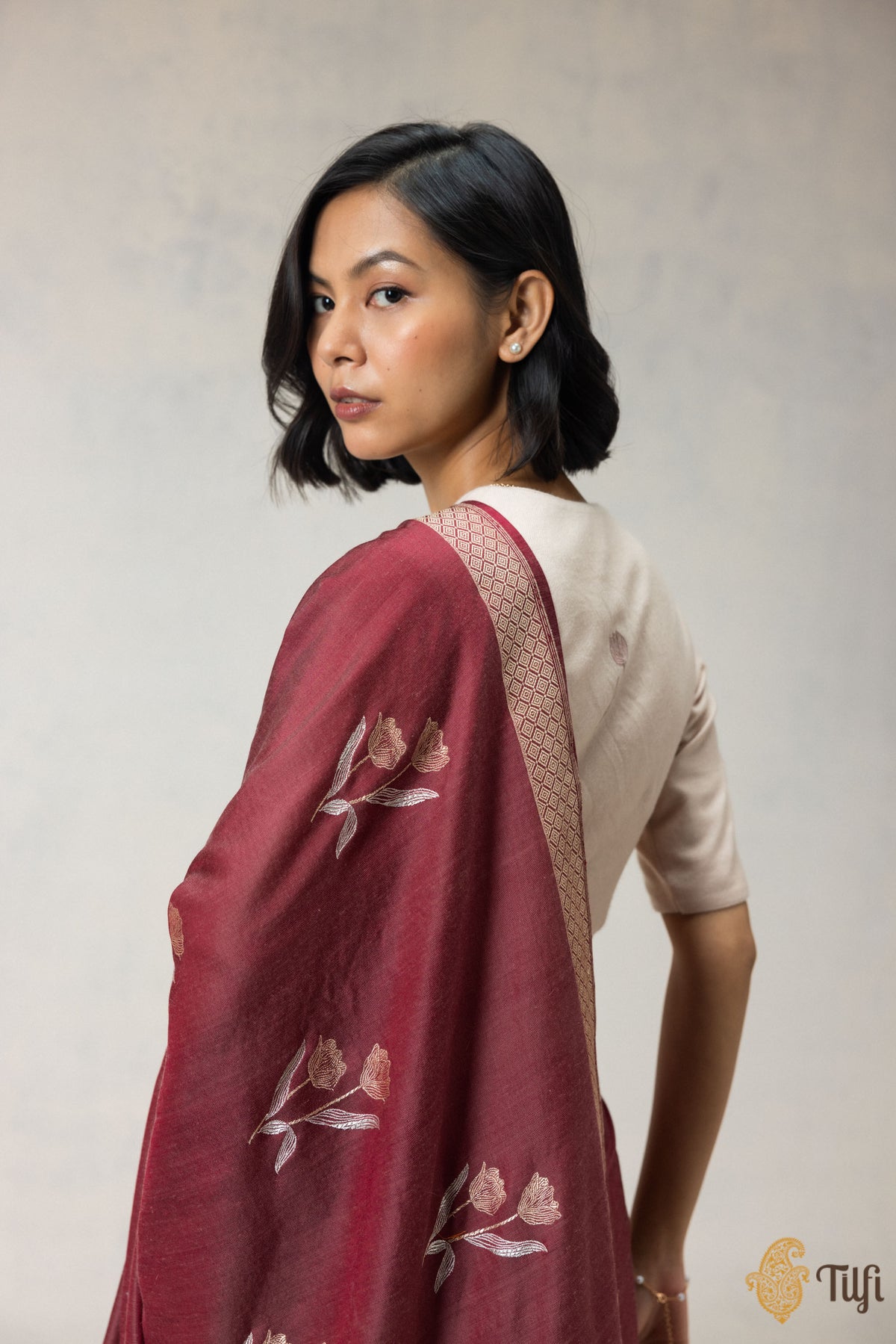 Maroon-Rust Silk-Wool Banarasi Handloom Saree